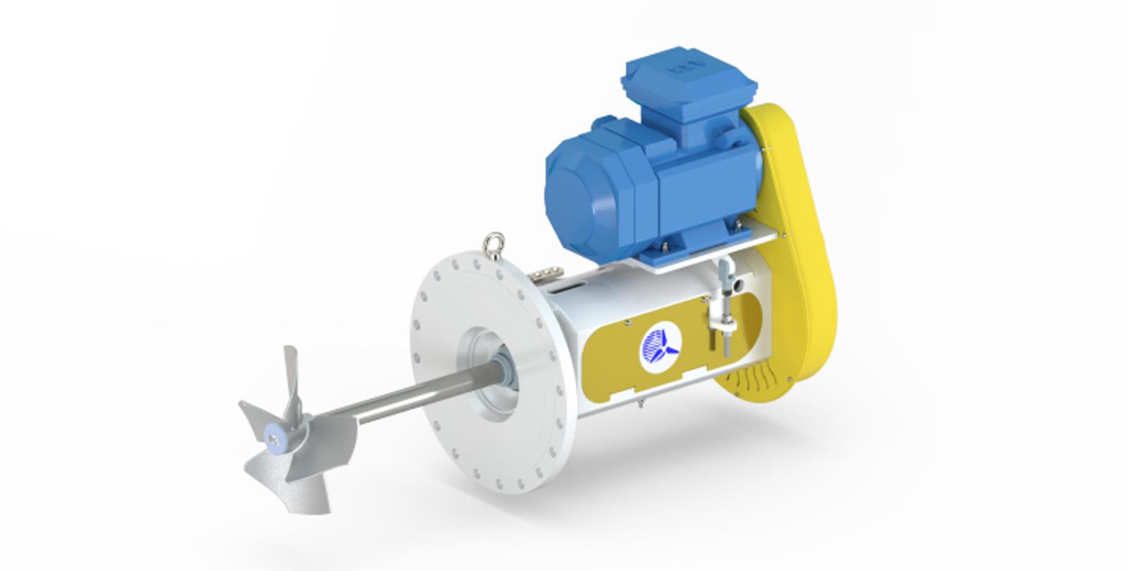Side-entry mixers with blue motor, yellow guard, and metal impeller.
