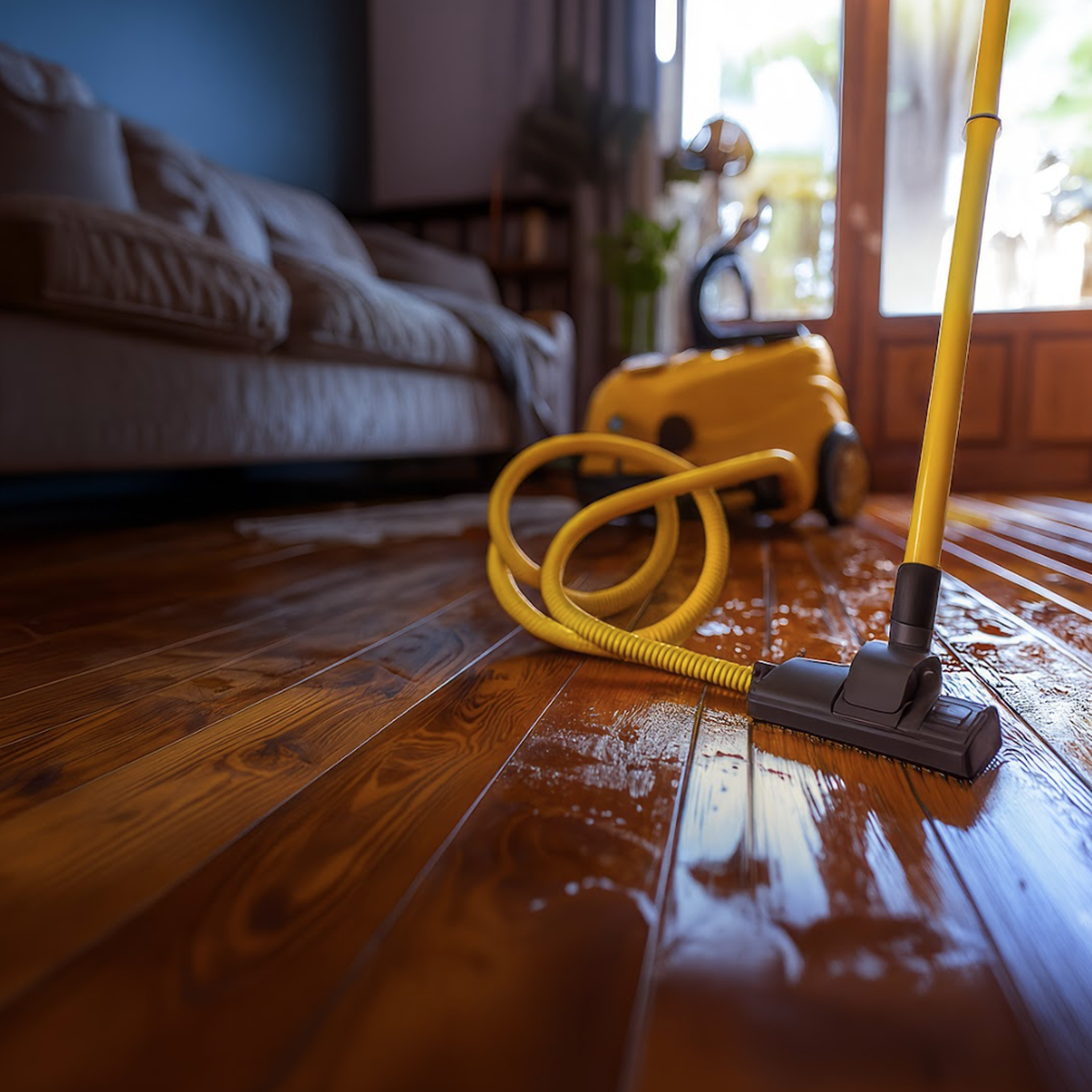 Close-up of a wet wooden floor being cleaned with a yellow vacuum cleaner in a cozy living room with sunlight coming through the windows.