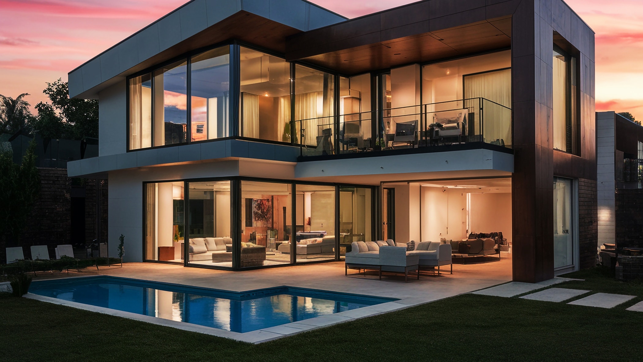 Photo of a luxury house with a swimming pool at night.