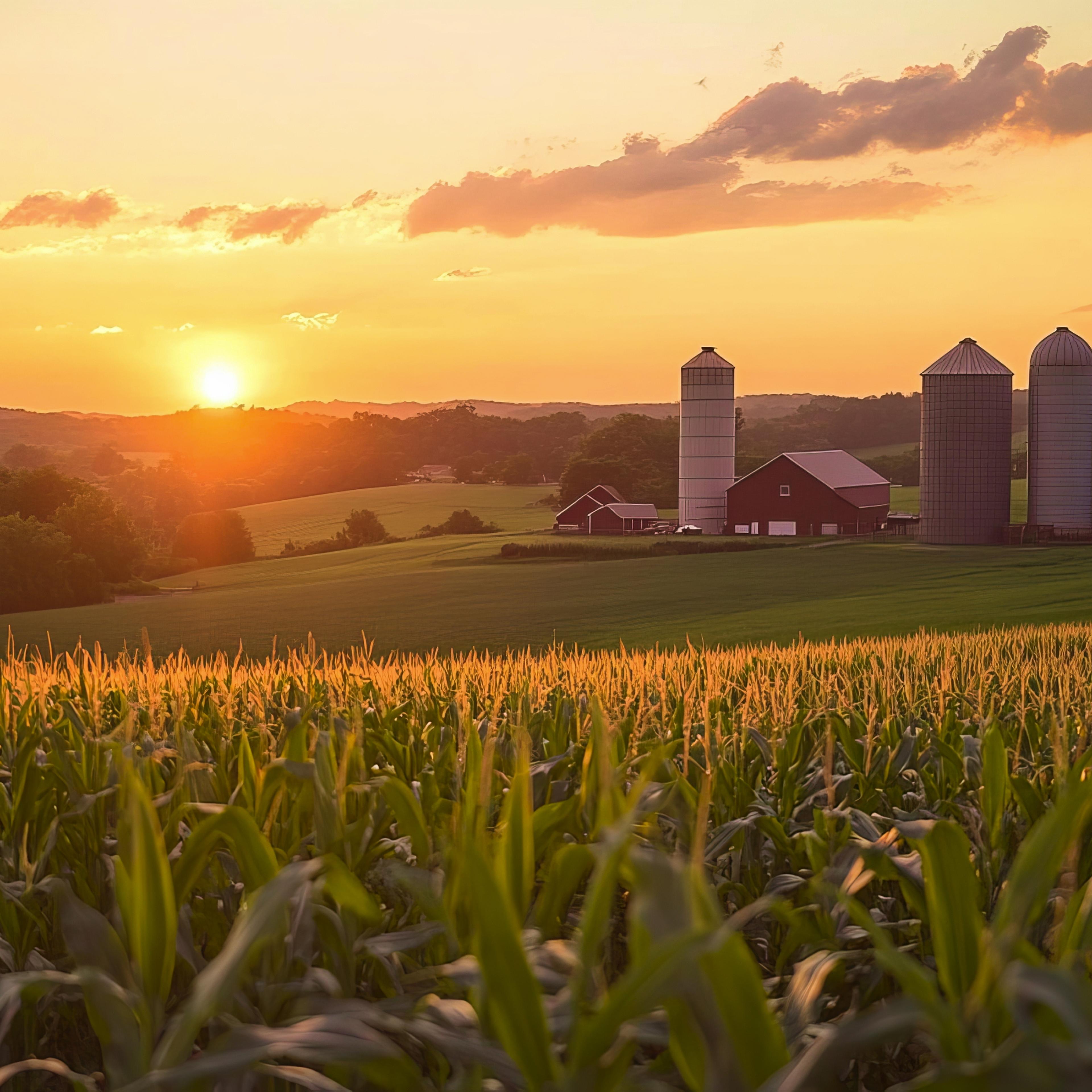 A picturesque farm scene featuring silos silhouetted against a vibrant sunset.