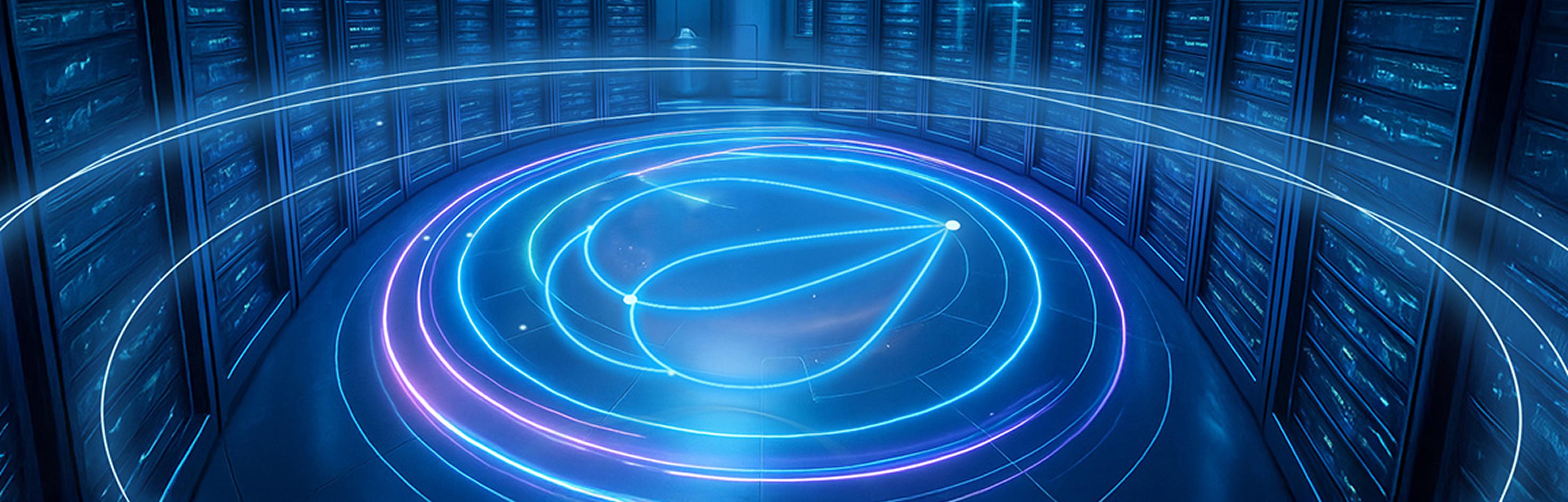 Futuristic digital room illuminated in blue light, featuring glowing circular data lines on the floor and rows of high-tech servers along the walls.