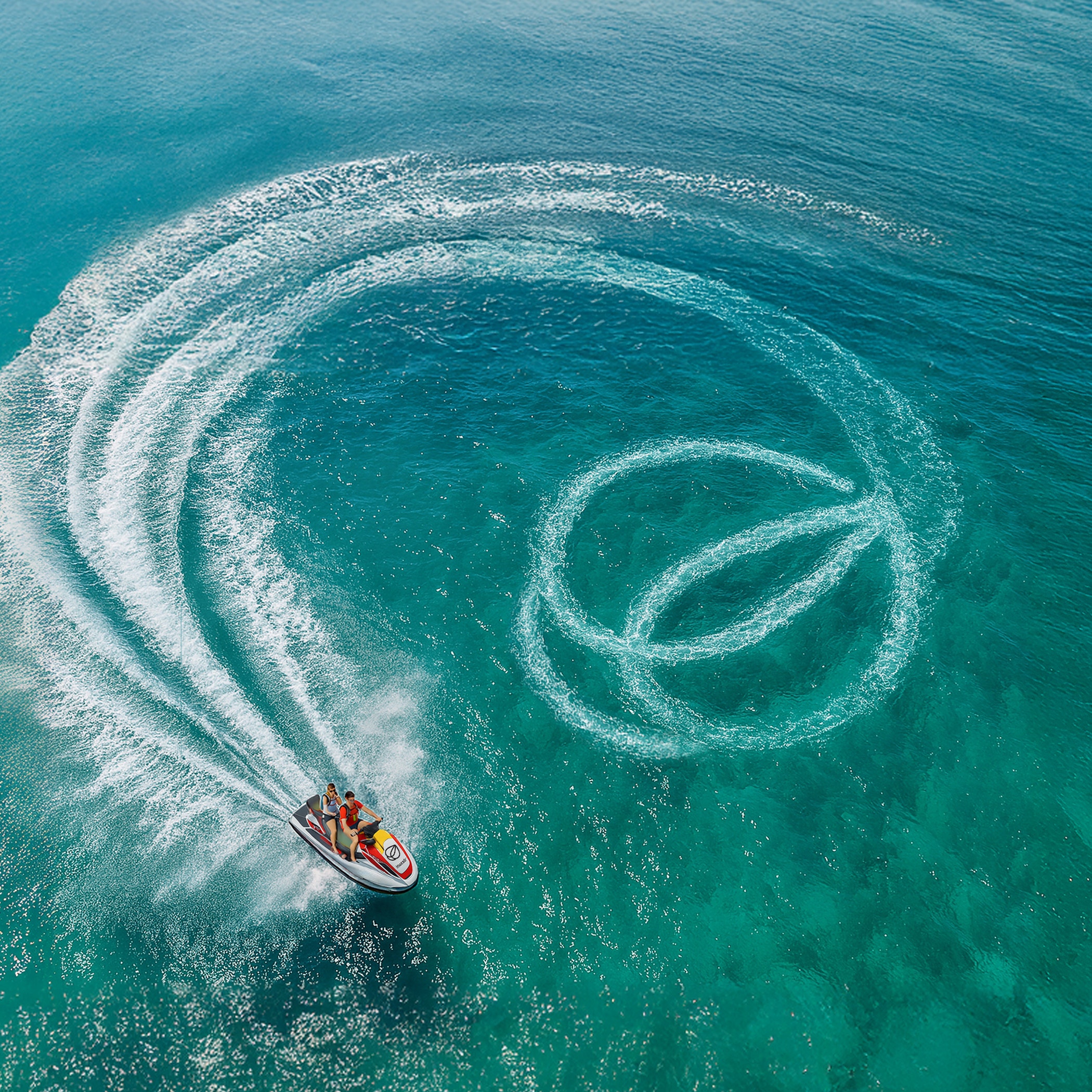 Two people riding a jet ski on clear turquoise water, creating circular patterns on the surface.