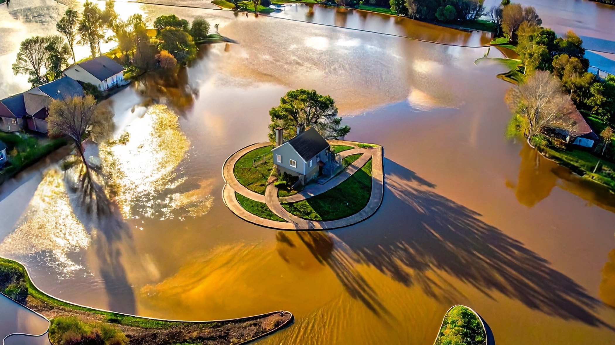House on a small circular island surrounded by brown floodwater, with sunlight reflecting on the water.