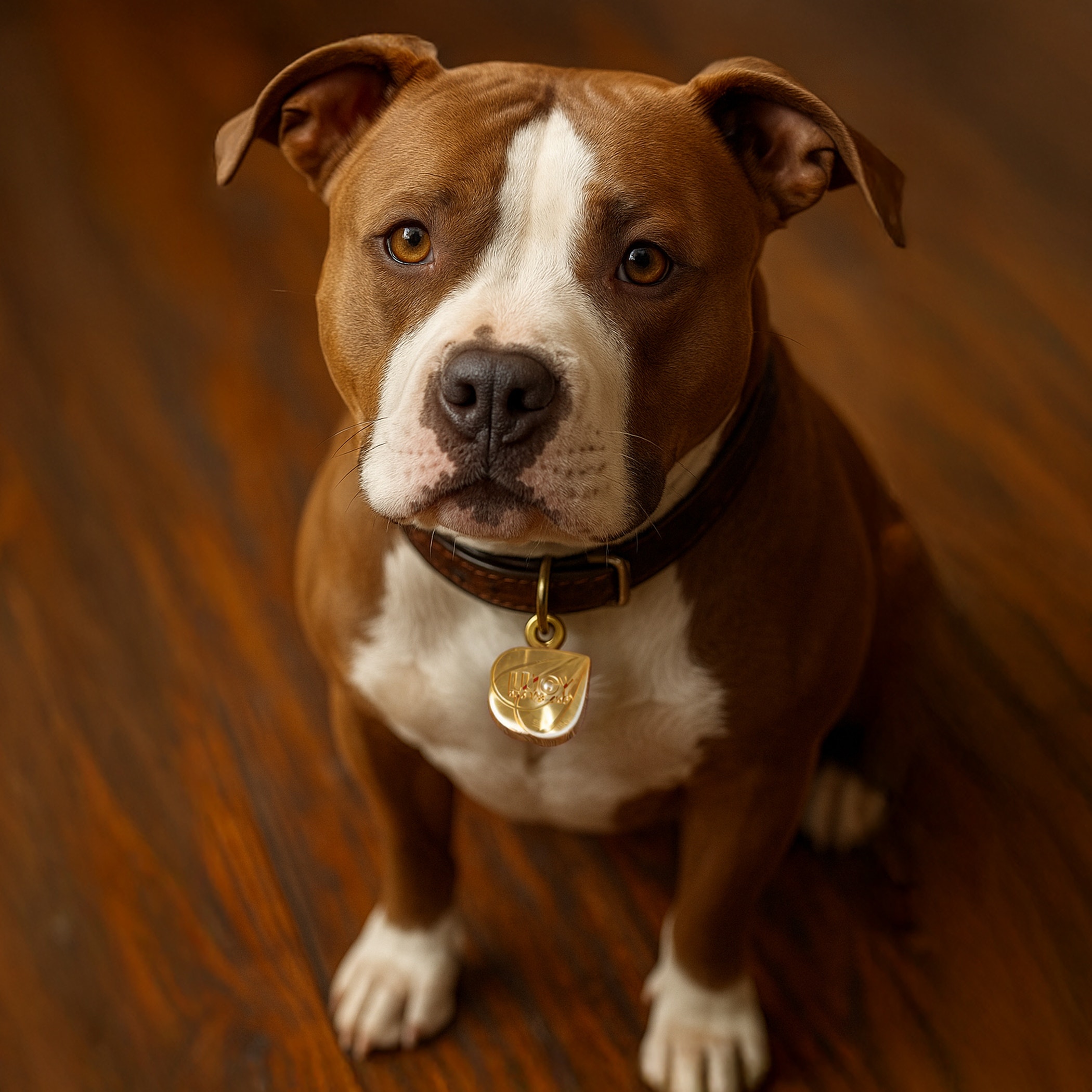 Brown and white dog sitting on a wooden floor, looking up with a calm expression and wearing a collar with a gold tag.