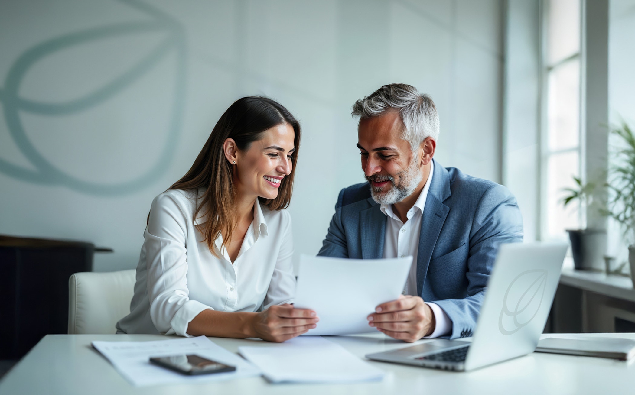 Two business professionals sitting at a desk in a bright modern office, smiling while reviewing documents together.