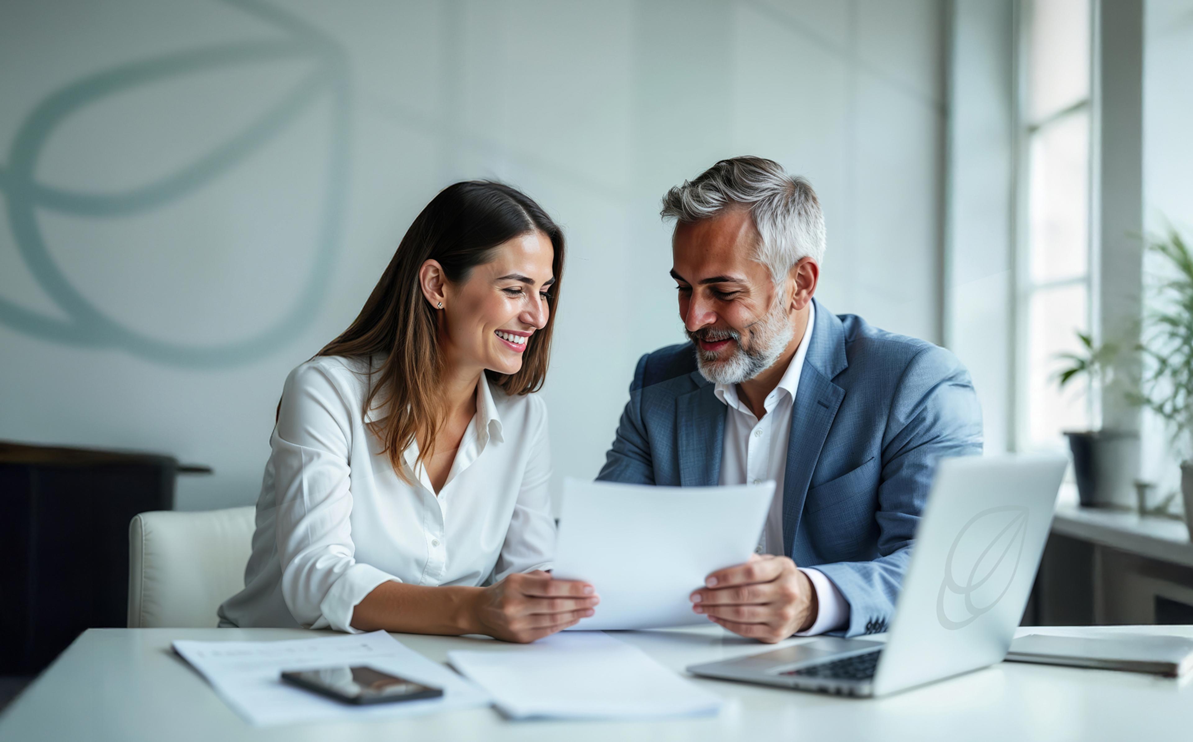 Two business professionals sitting at a desk in a bright modern office, smiling while reviewing documents together.