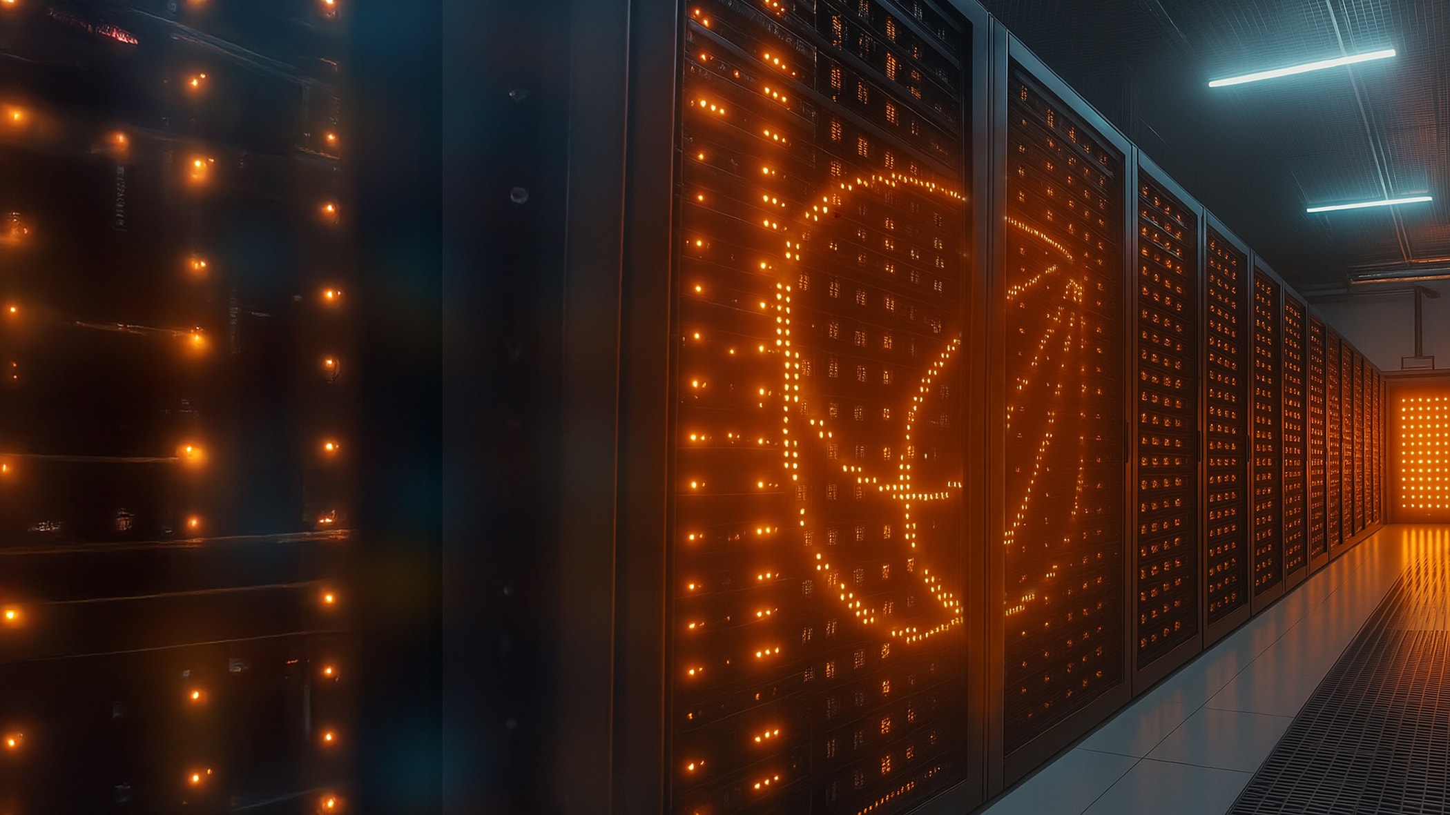 Rows of glowing orange server racks in a modern data center, with lights forming a circular pattern on one of the panels.