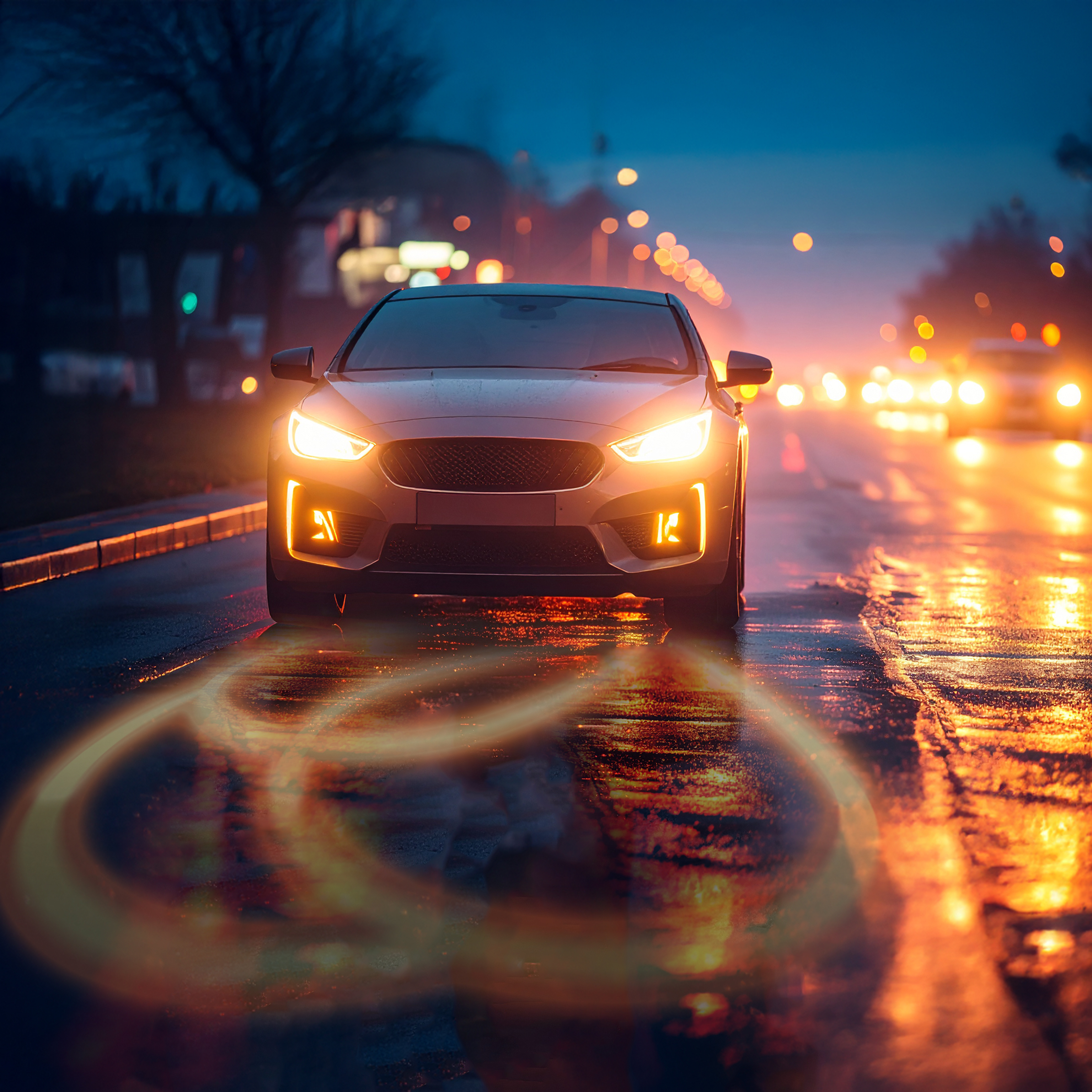 Car driving on a wet road at dusk with headlights on, reflecting warm light on the pavement.