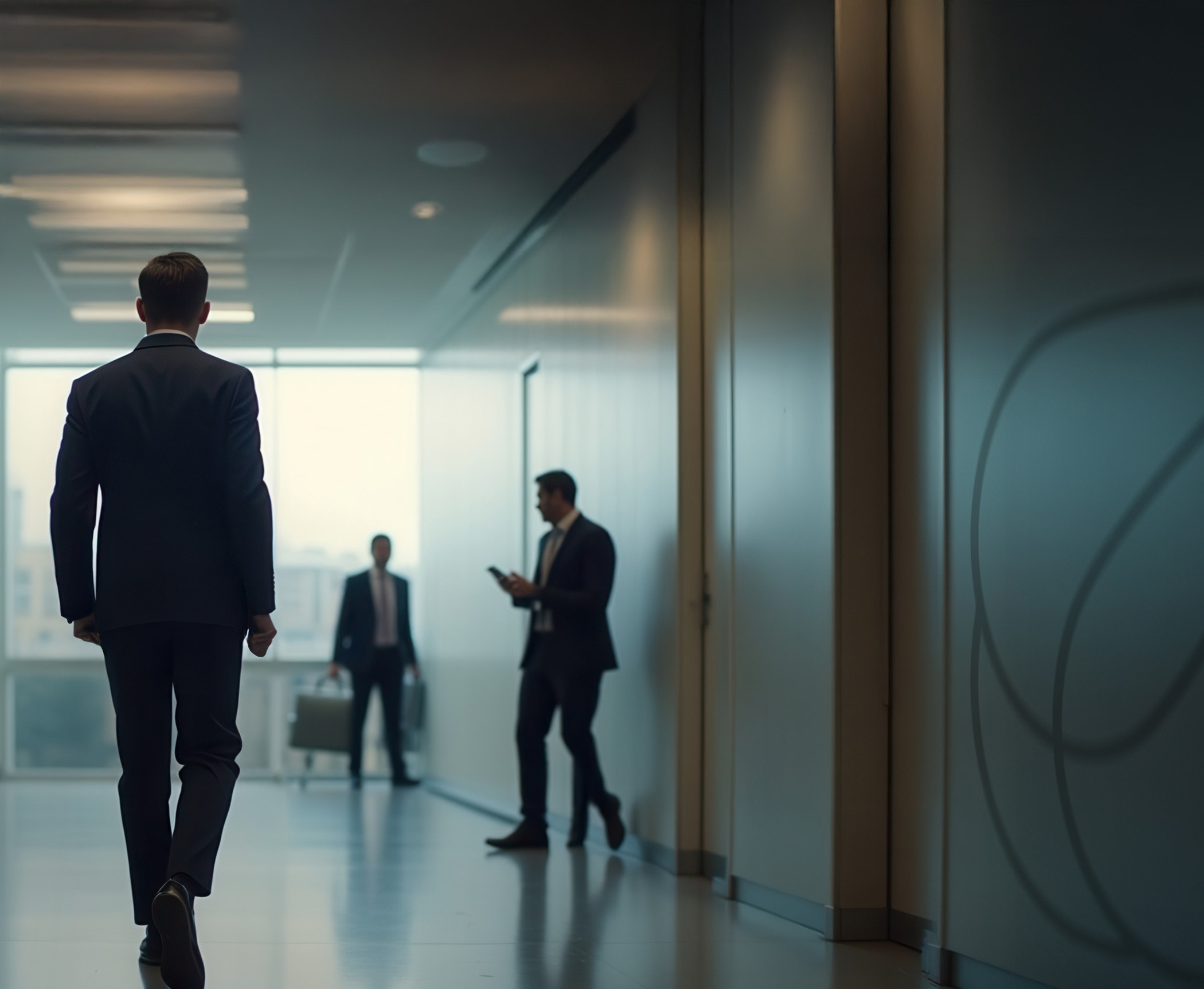 Business professionals walking and talking in a modern office hallway with soft natural lighting.