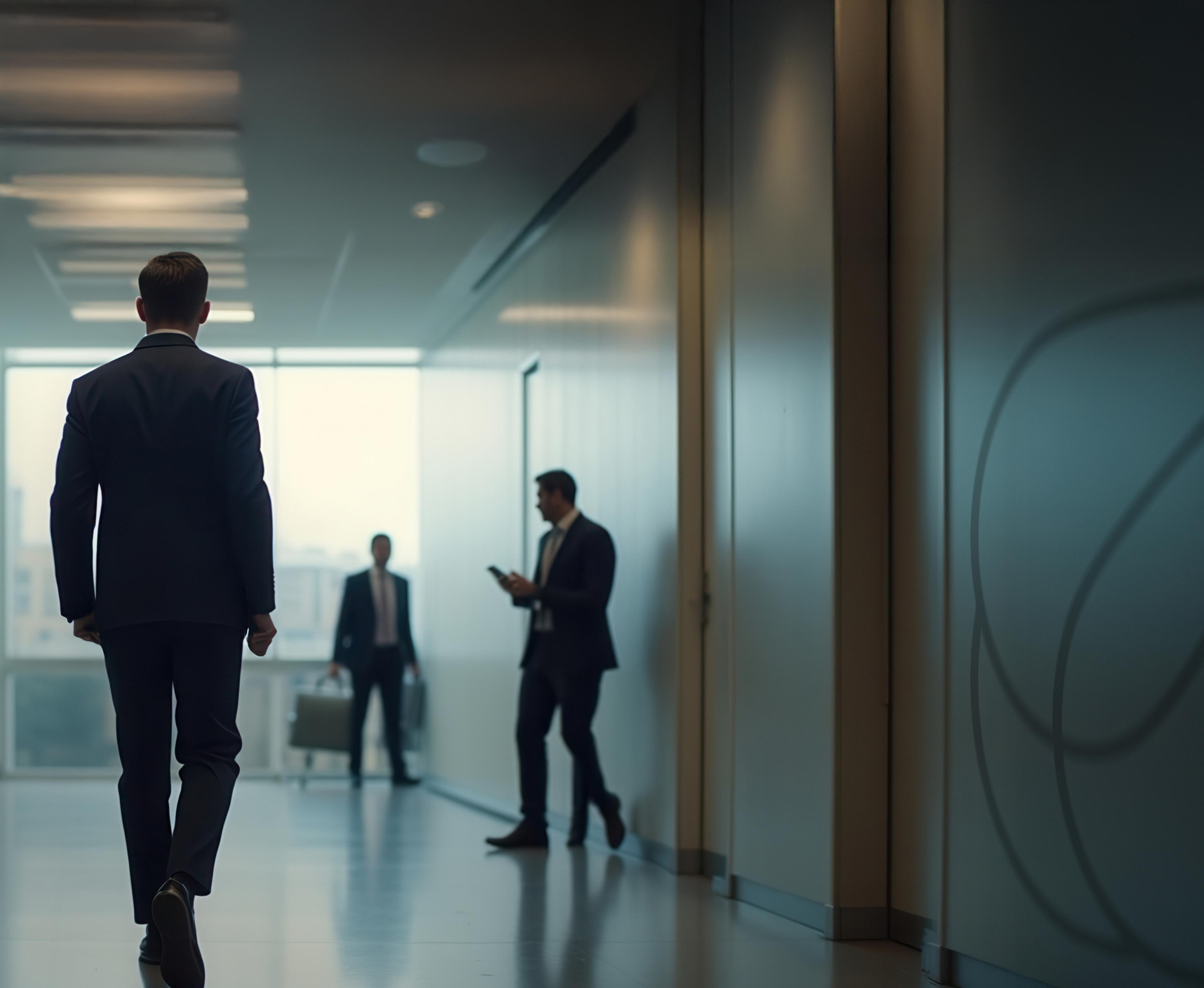 Business professionals walking and talking in a modern office hallway with soft natural lighting.