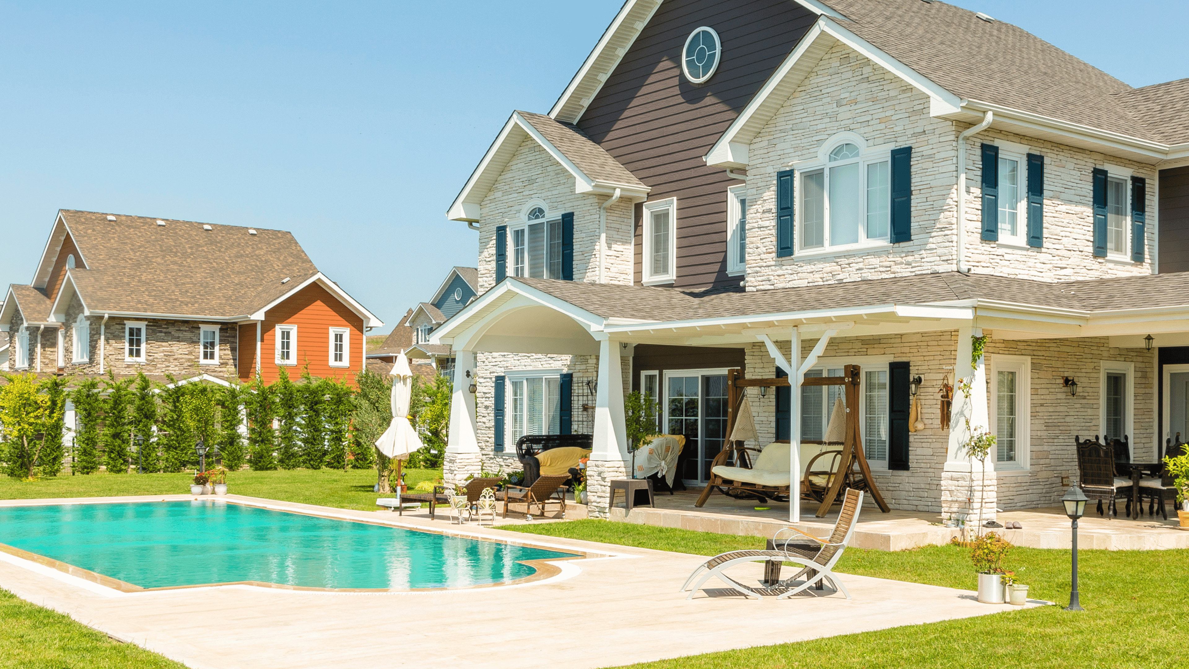 Real home or house exterior design showing pool villa with greenery garden.