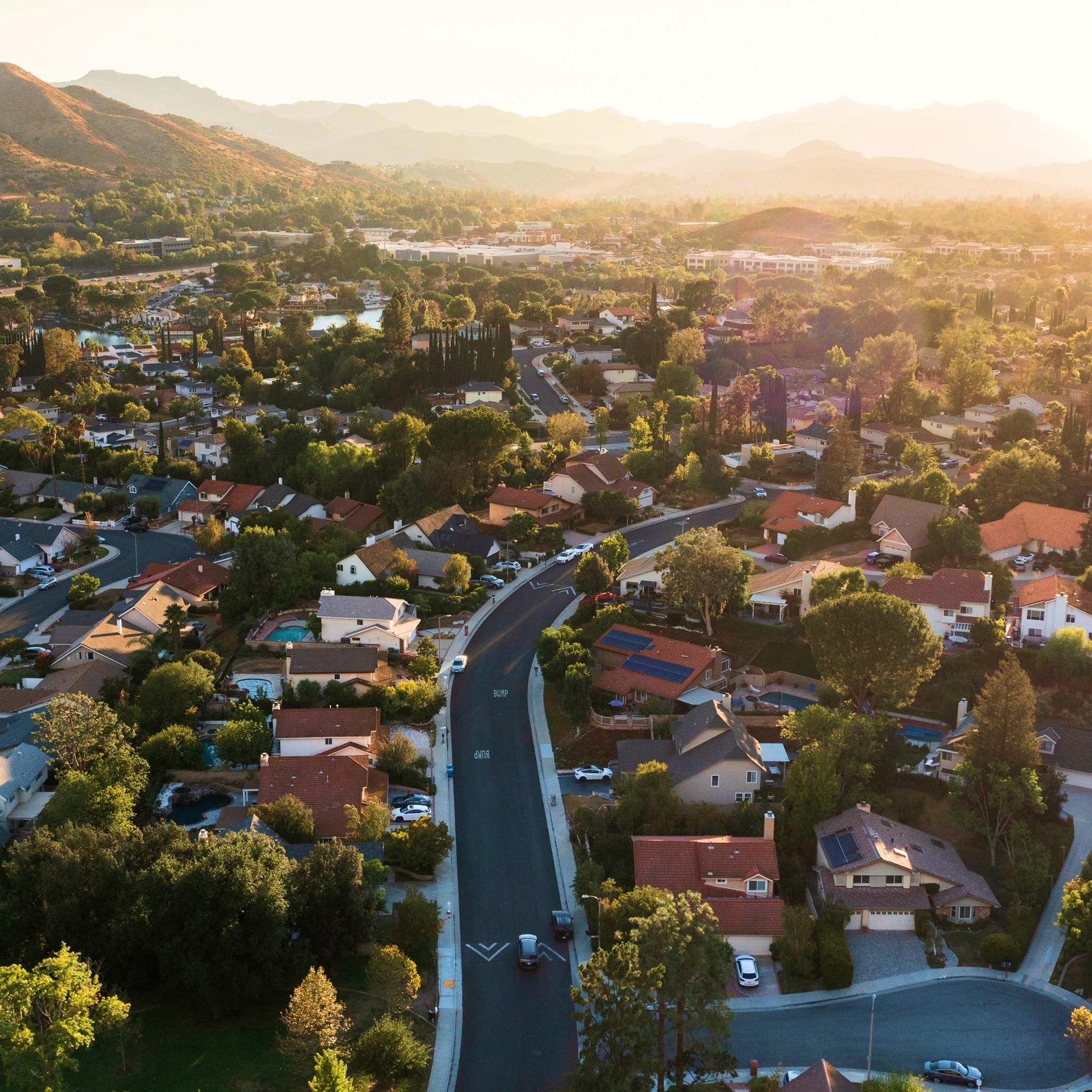 Sunset aerial view of single family housing in Agoura Hills, California, USA.