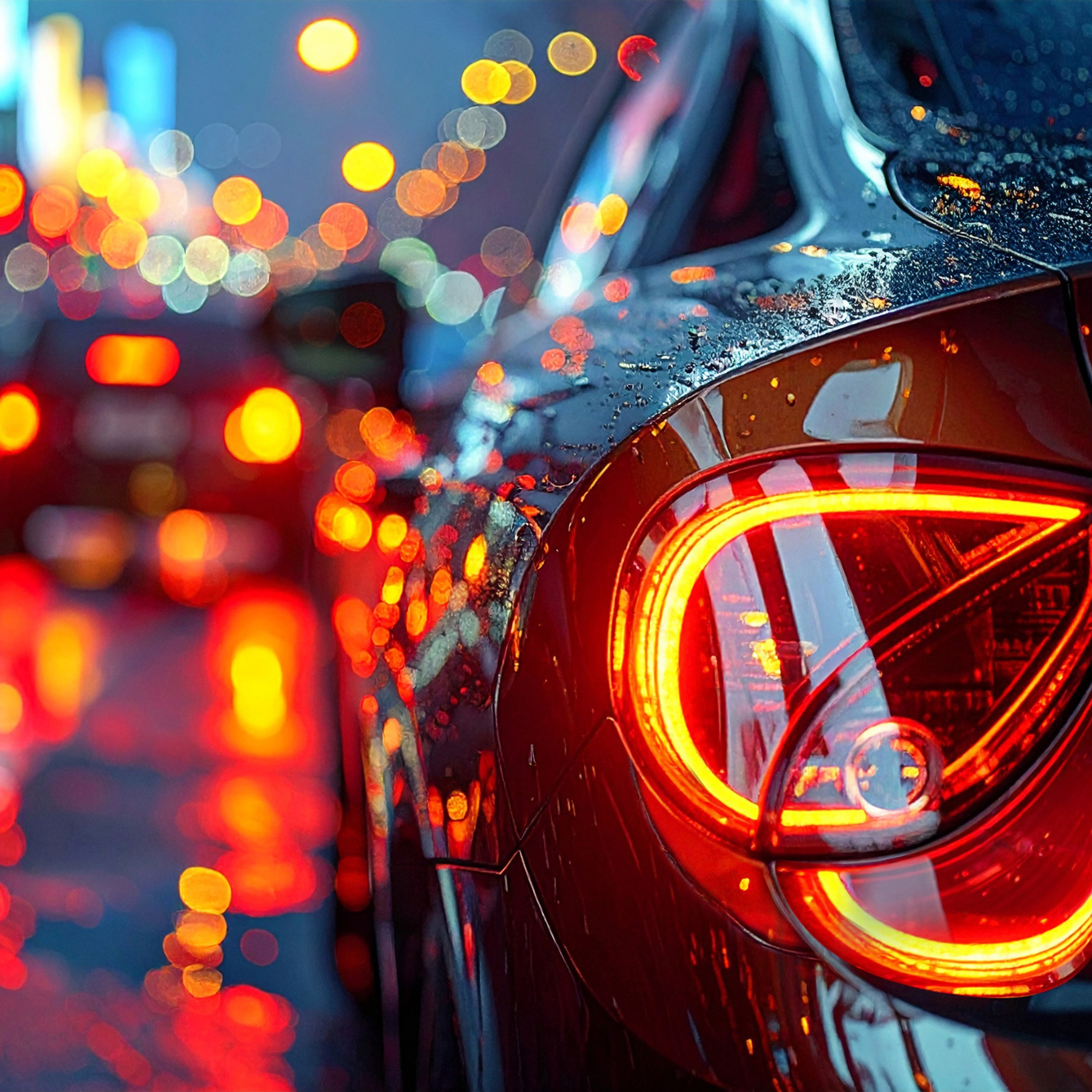Close-up of a car’s taillight on a rainy city street at night, with reflections and colorful bokeh lights in the background.