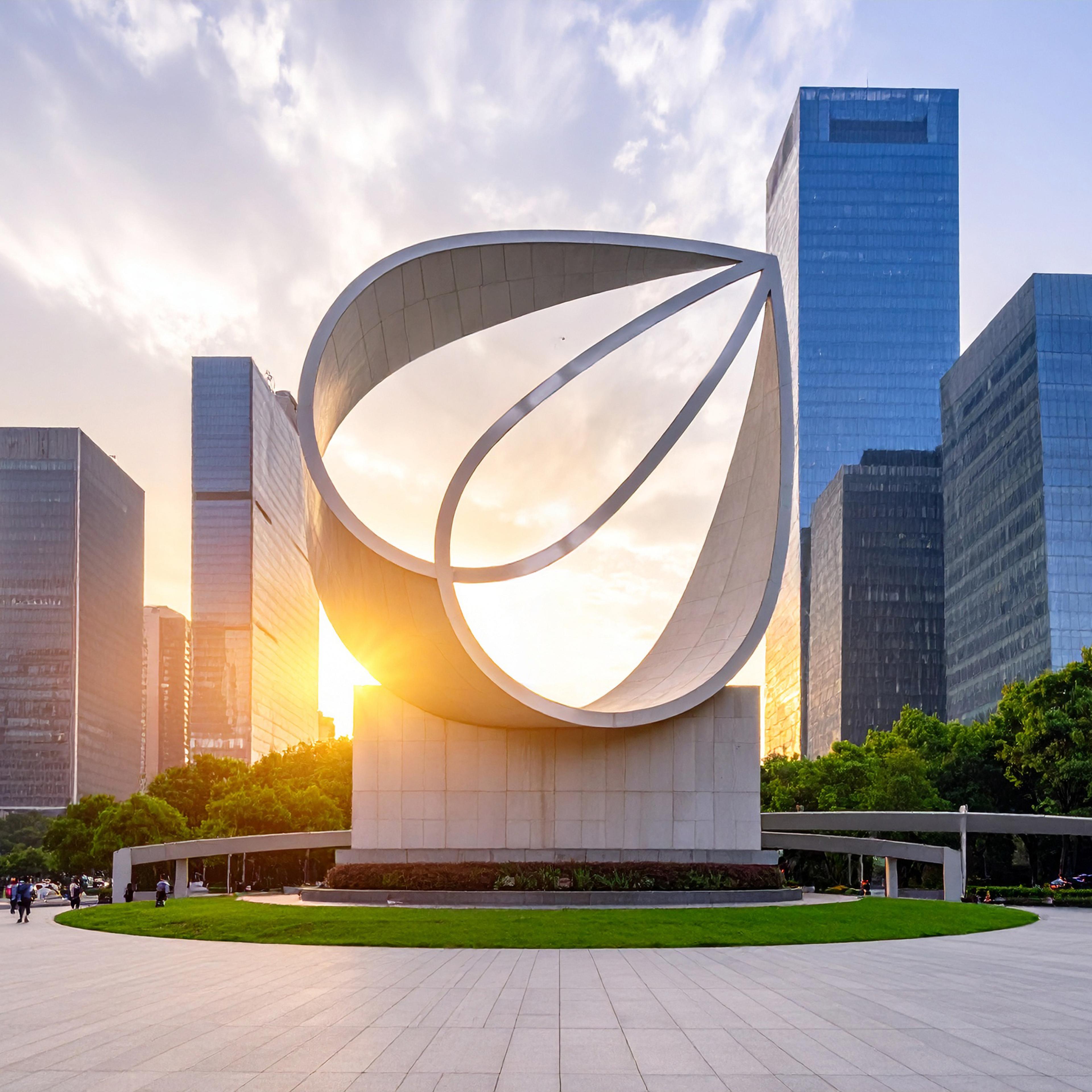 Large modern sculpture shaped like an abstract loop with a leaf-like form, set in an urban plaza surrounded by tall glass buildings at sunset.