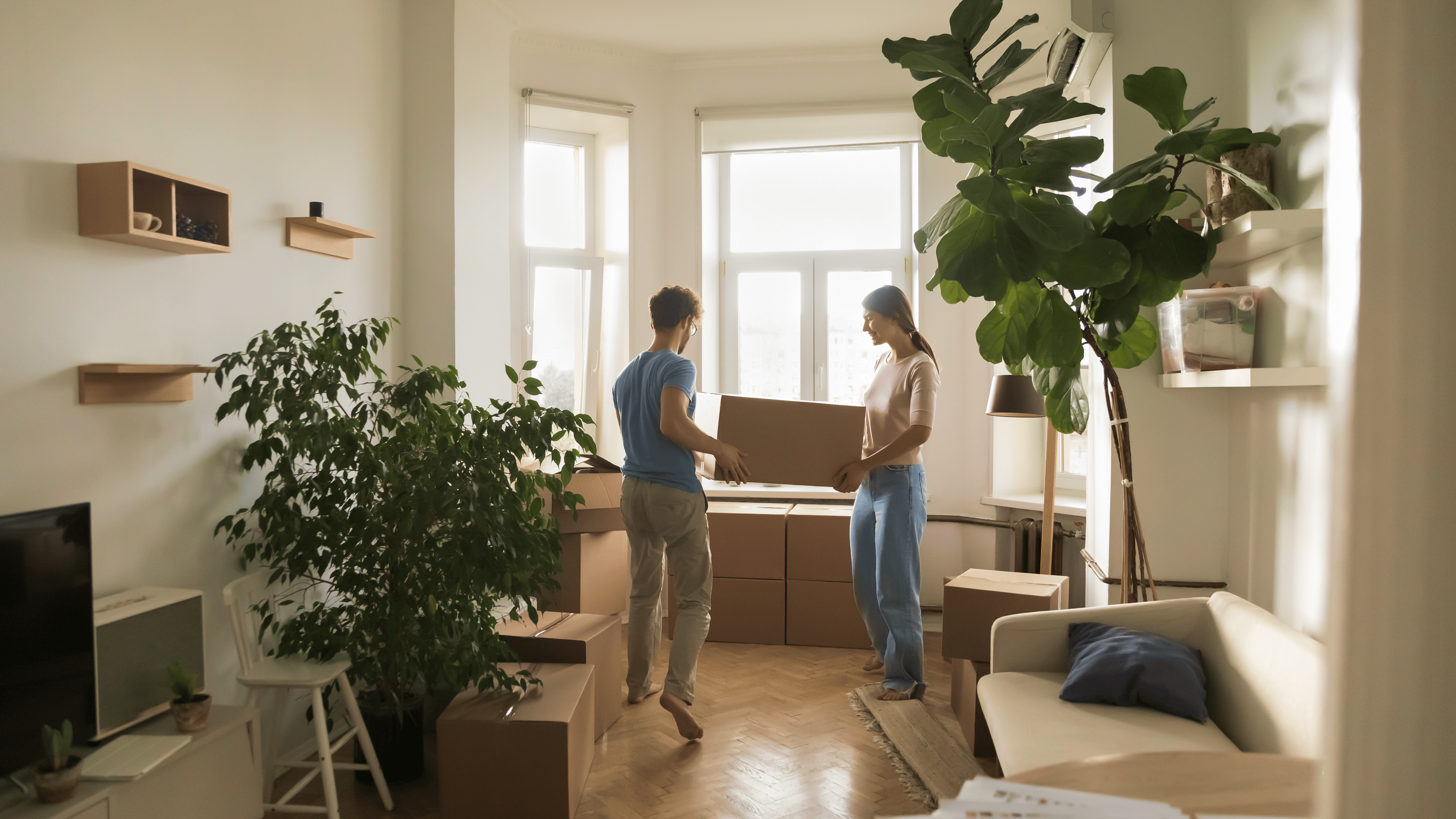 Young married couple carrying boxes into rented flat, cozy room with houseplants, moving into new home after renovation, buying apartment, enjoying relocation.