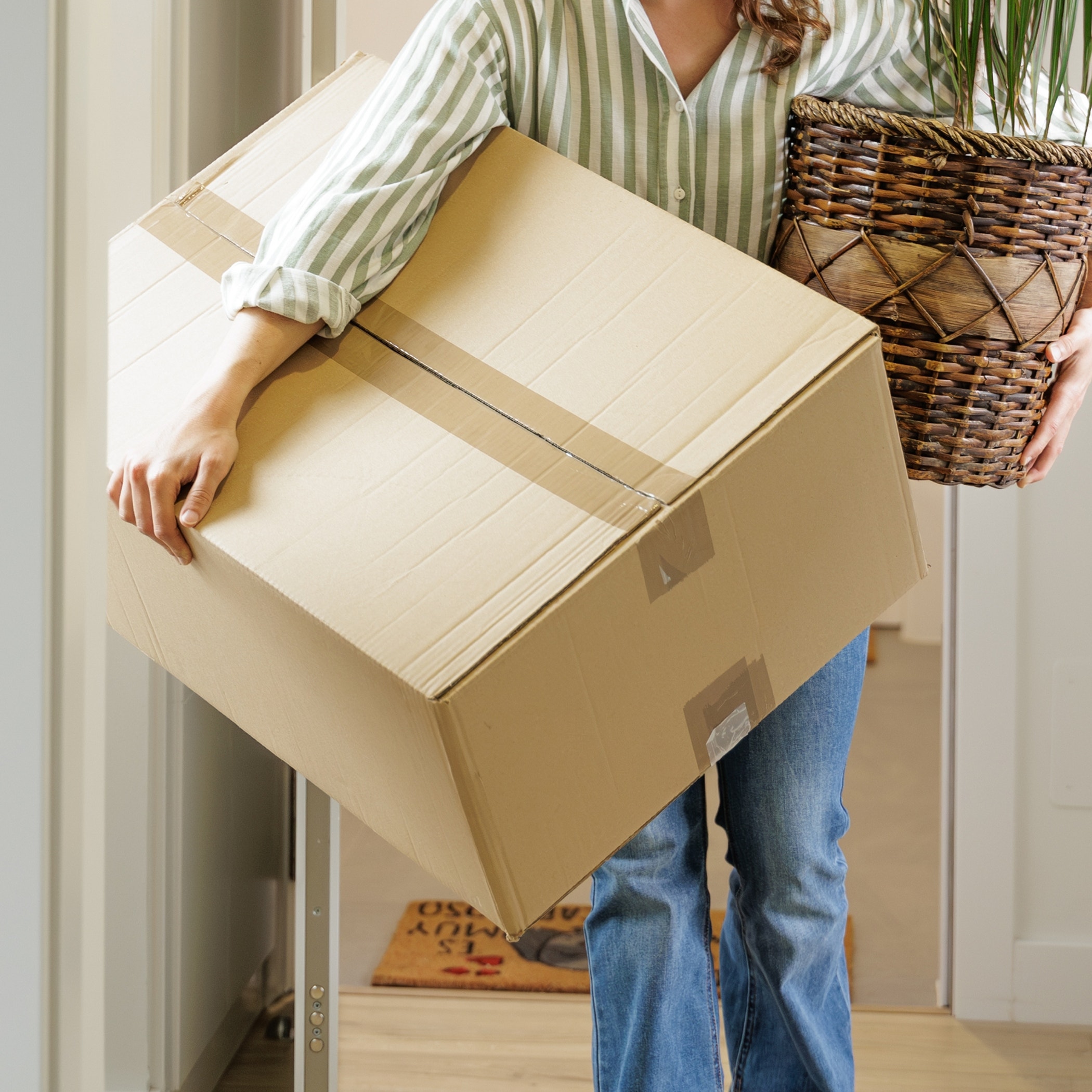 Happy young girl carrying a plant and a moving box to her new house, to a student apartment or a flat for work transfer.