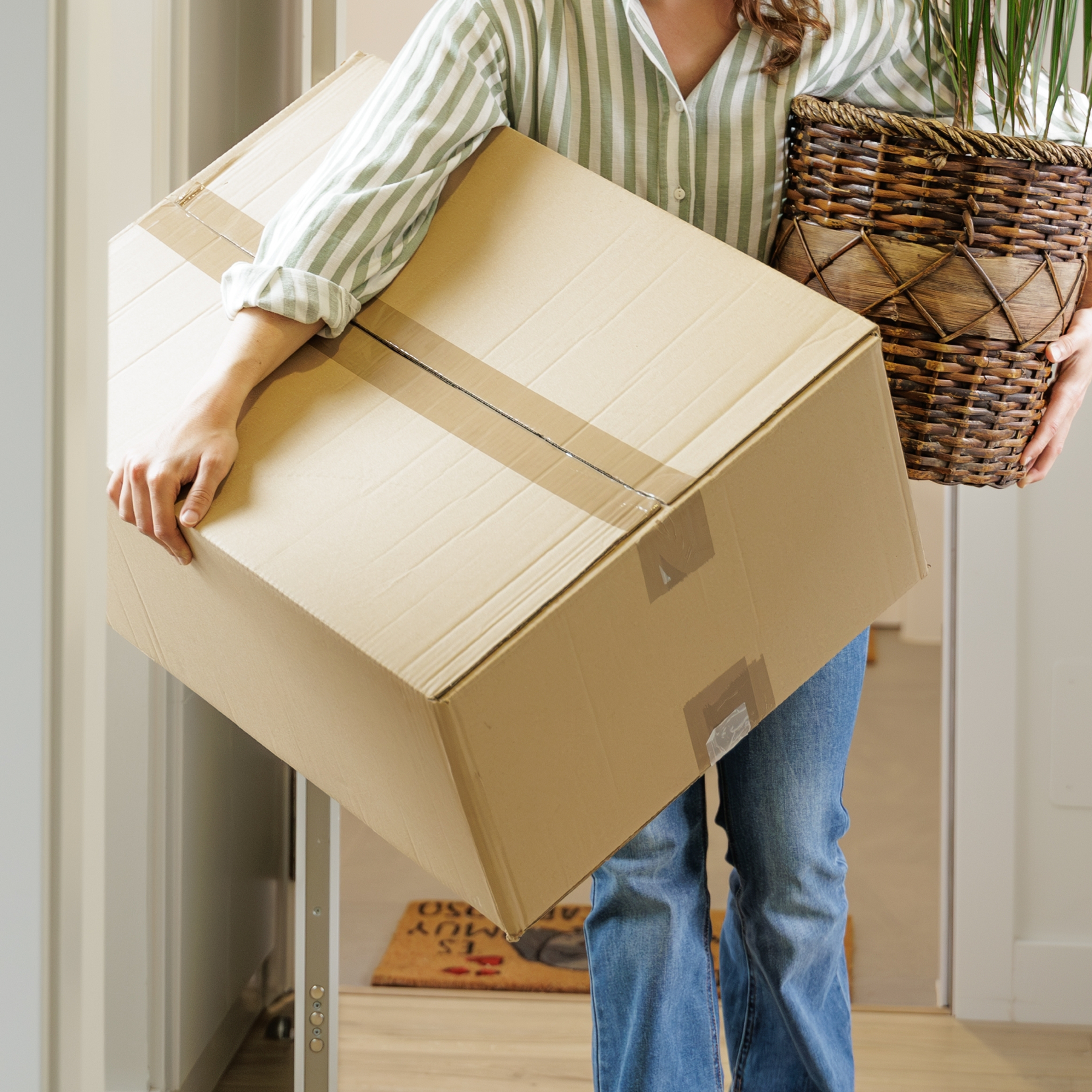 Happy young girl carrying a plant and a moving box to her new house, to a student apartment or a flat for work transfer.