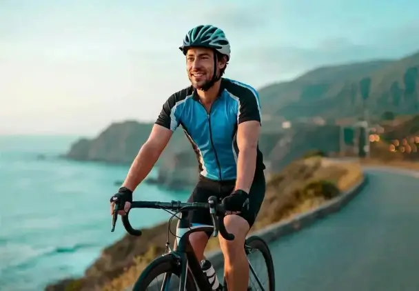 Ciclista protegido con seguro de bicleta manejando por el malecón.