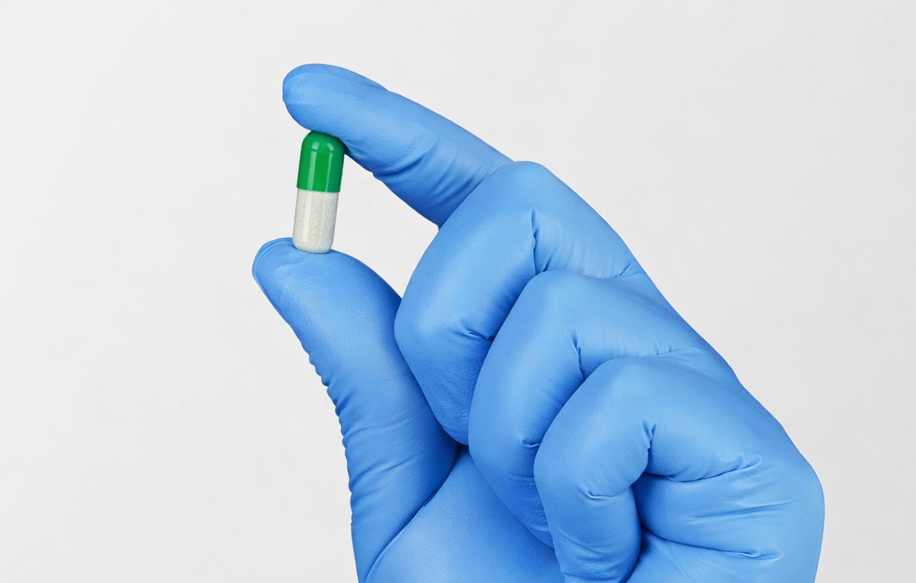 Gloved hand holding medicine capsule