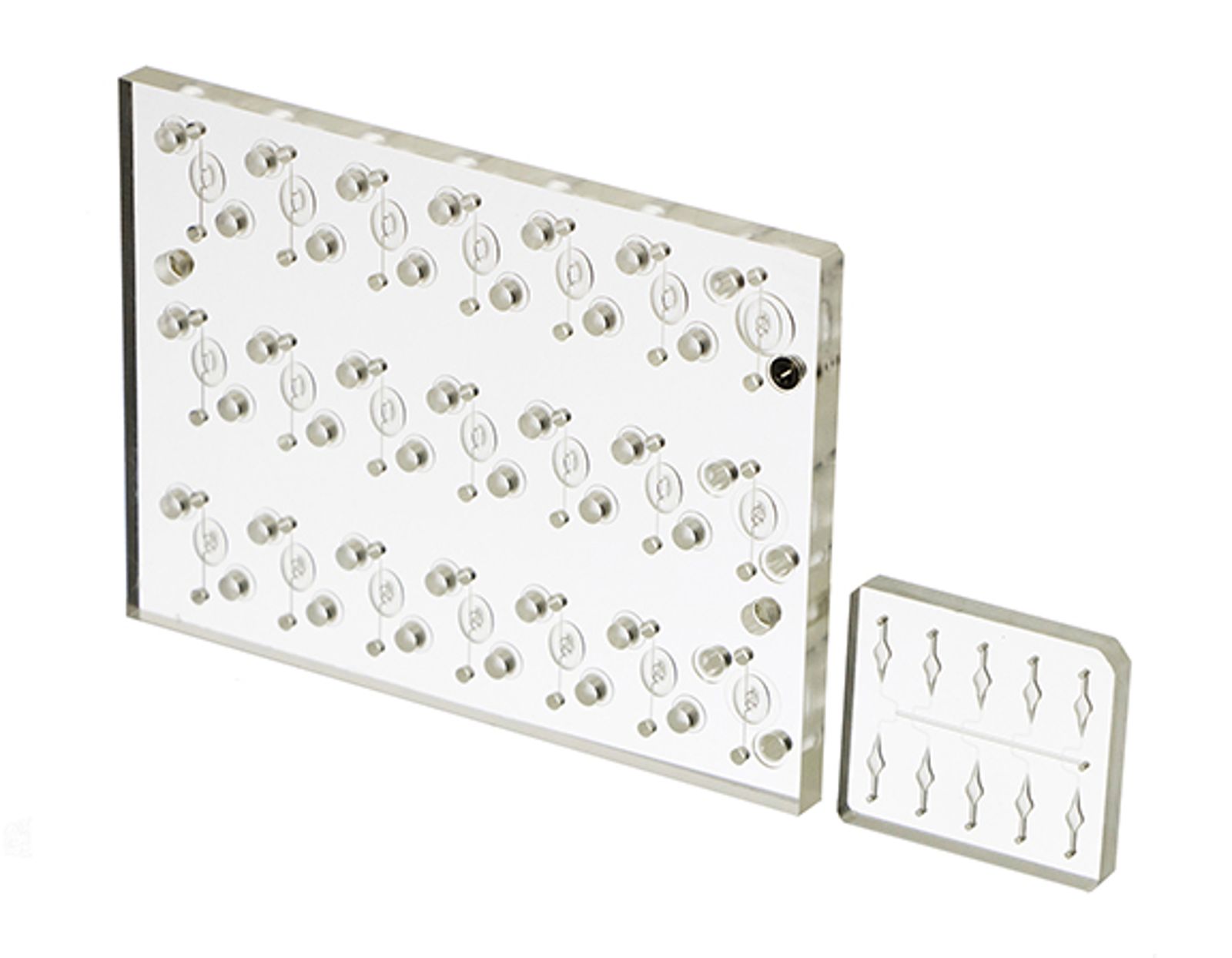 Clear COP plastic manifold with metal pegs on a white background. The large manifold has multiple rows of bulb shapes; the small one has six leaf shapes.