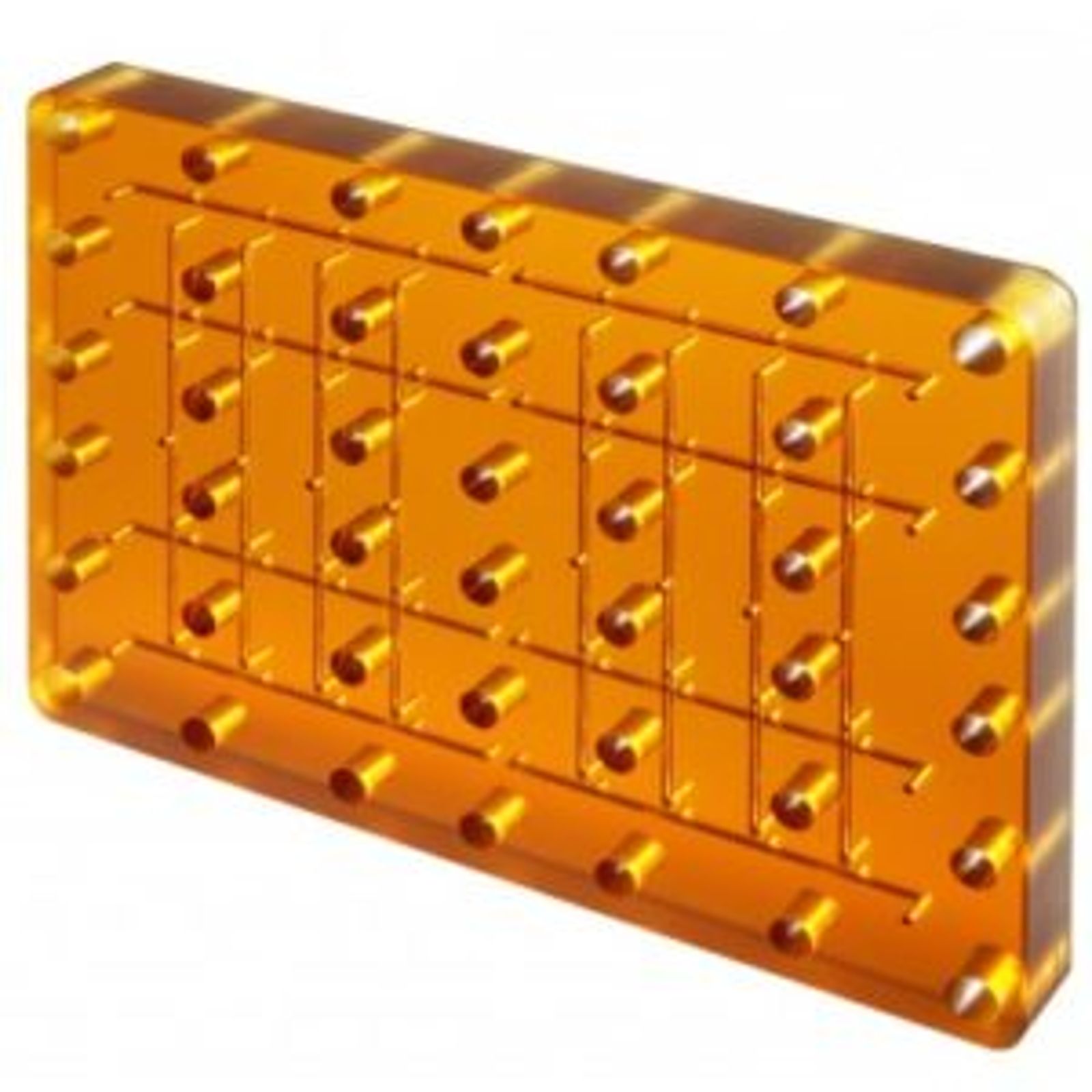 Rectangular orange ULTEM transparent plastic manifold with a grid of raised cylindrical pegs and CNC machined lines forming multiple rectangles and pathways across the surface.