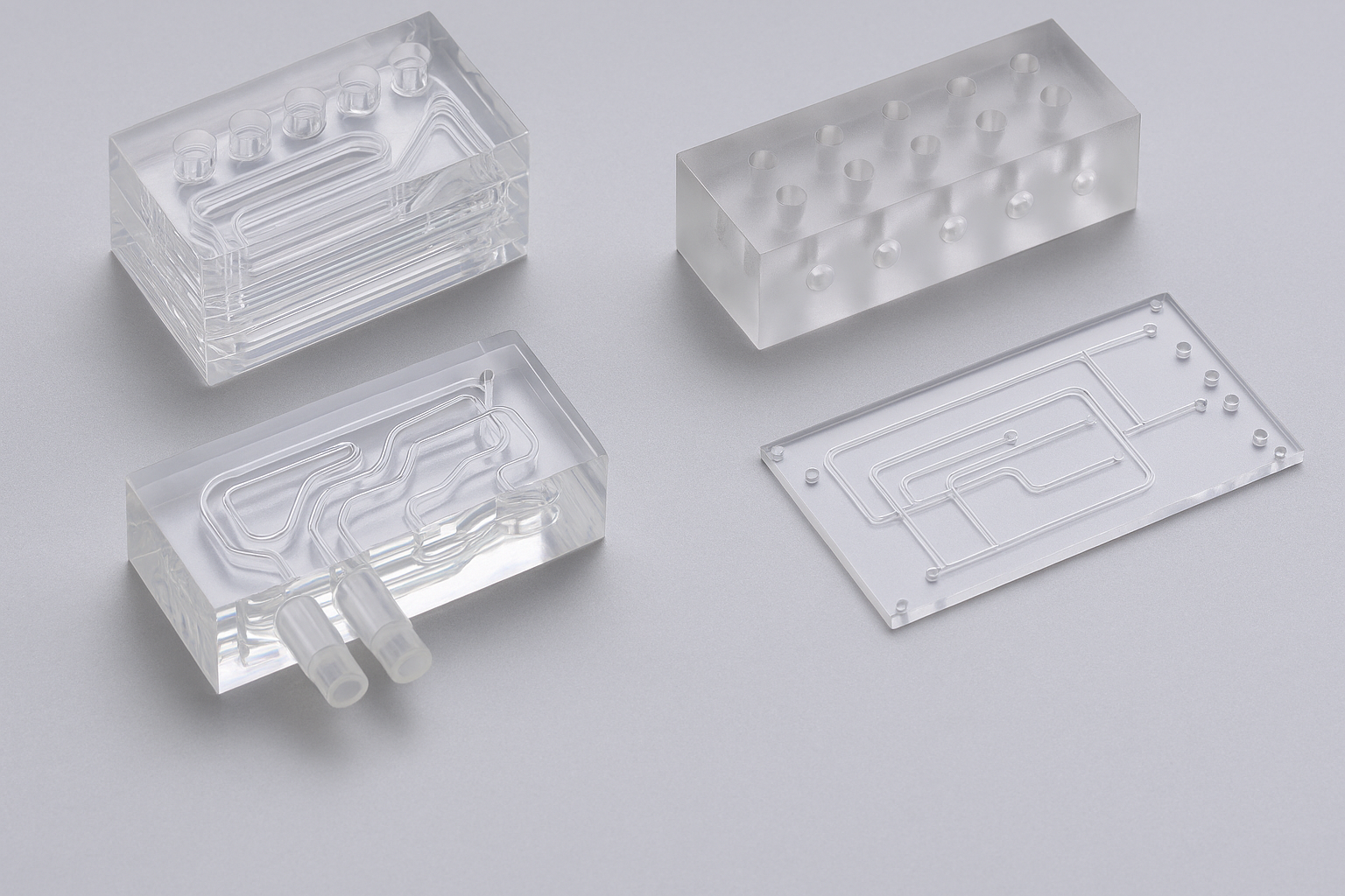 Abstract rendering of fluidic channels and layered polymer structures, representing precision engineering in bonded manifold systems.