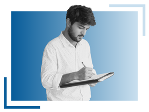 A man in a white shirt is writing in a notebook while standing, against a blue gradient background with decorative corner lines.