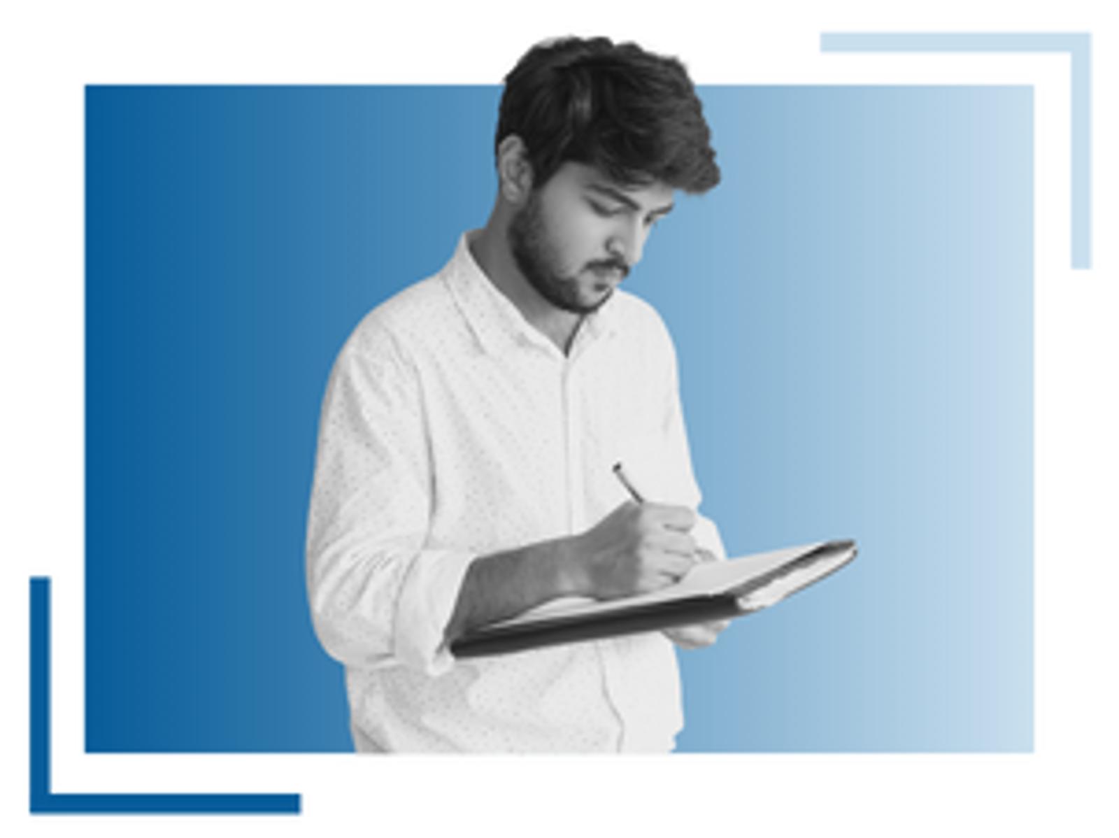 A man in a white shirt is writing in a notebook while standing, against a blue gradient background with decorative corner lines.