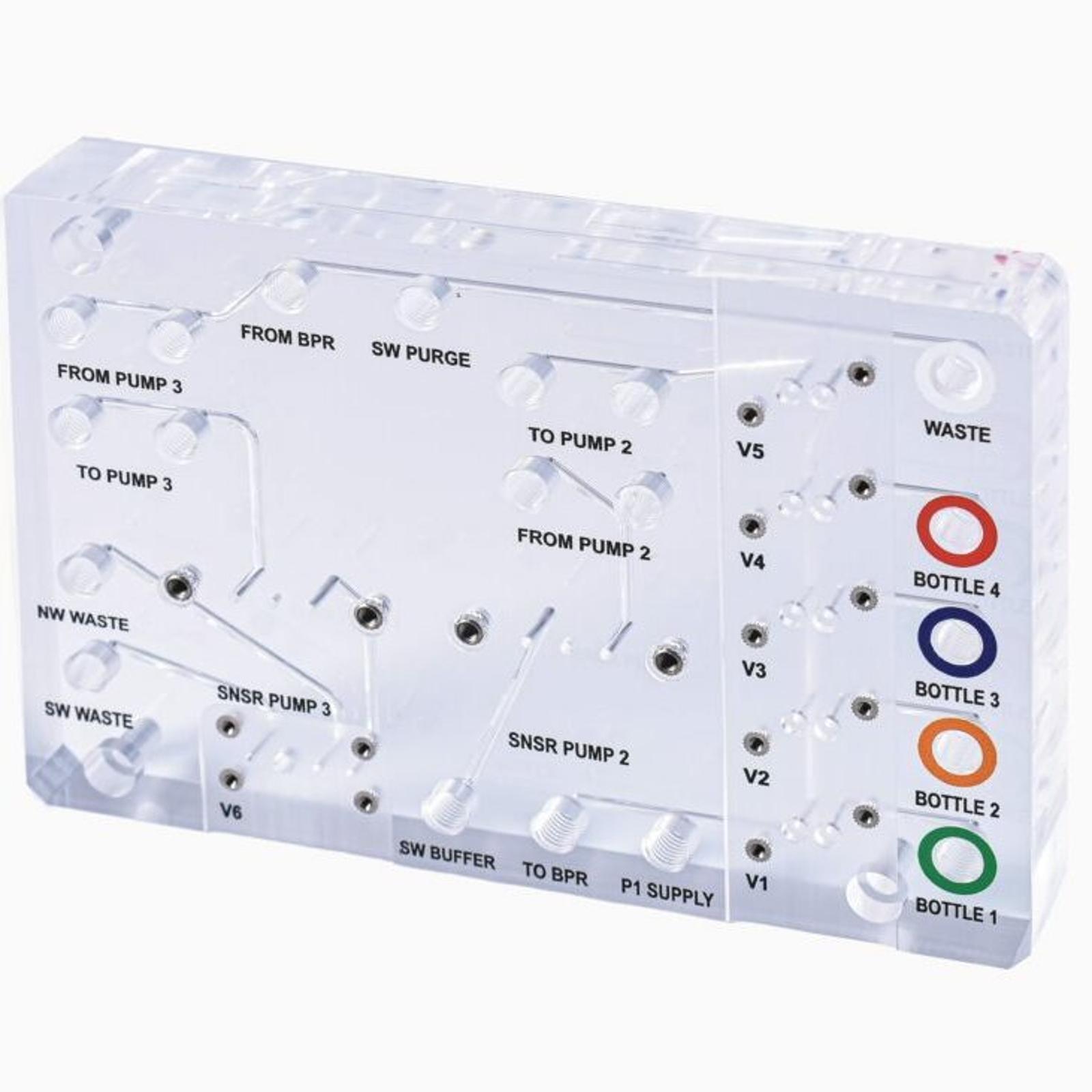 Two-layer clear acrylic fluidic manifold with engraved flow channels, labeled ports, and color-coded bottle connections for directing liquids in laboratory or medical systems.