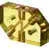 Transparent yellow ULTEM plastic component with multiple threaded inserts and intersecting drilled channels, viewed at an angle, demonstrating internal structure and engineering details.