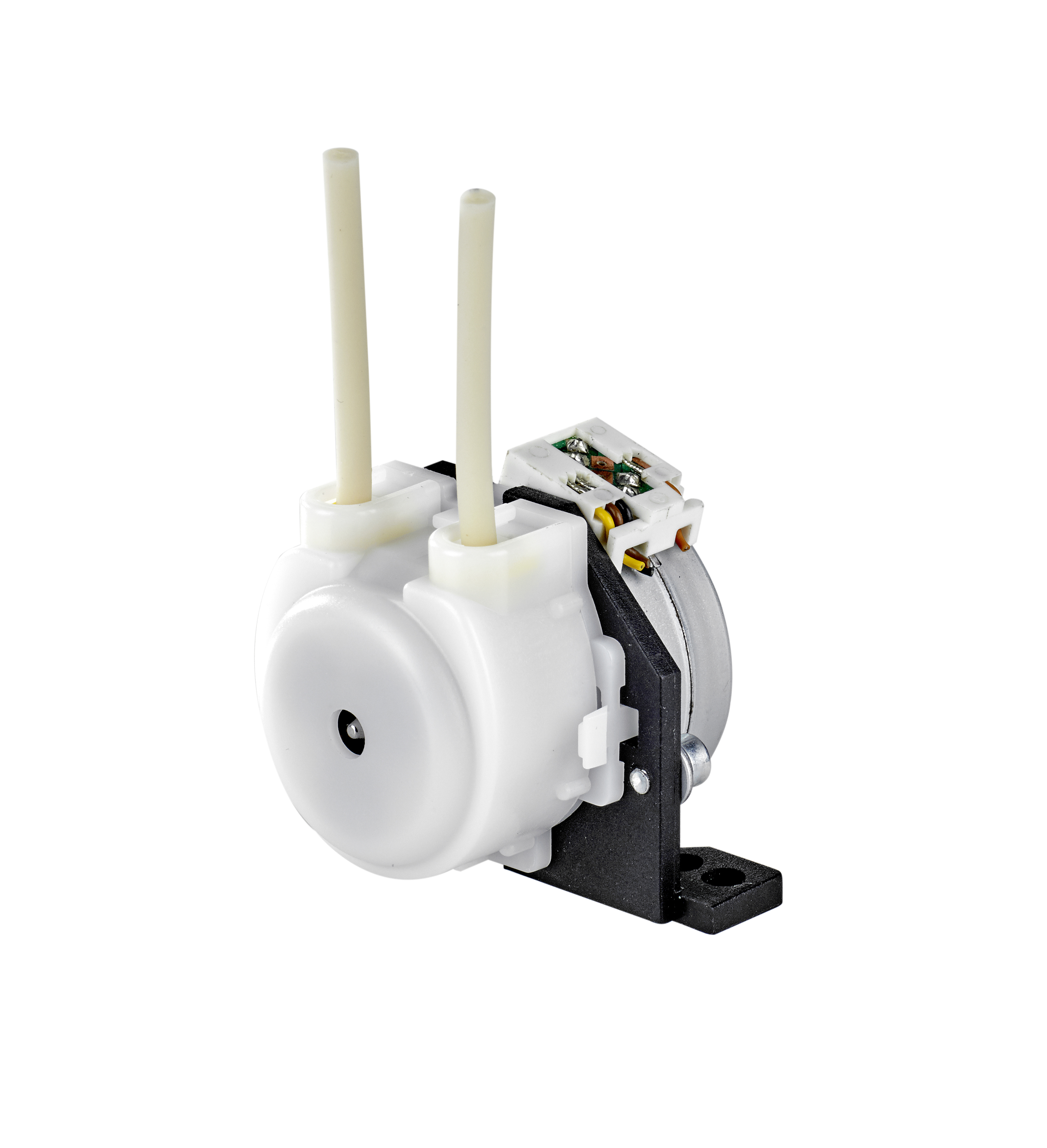 SR 10 30 DC Stepper motor from Thomas Pumps. All white plastic housing around a small motor with 2 tubes out the top