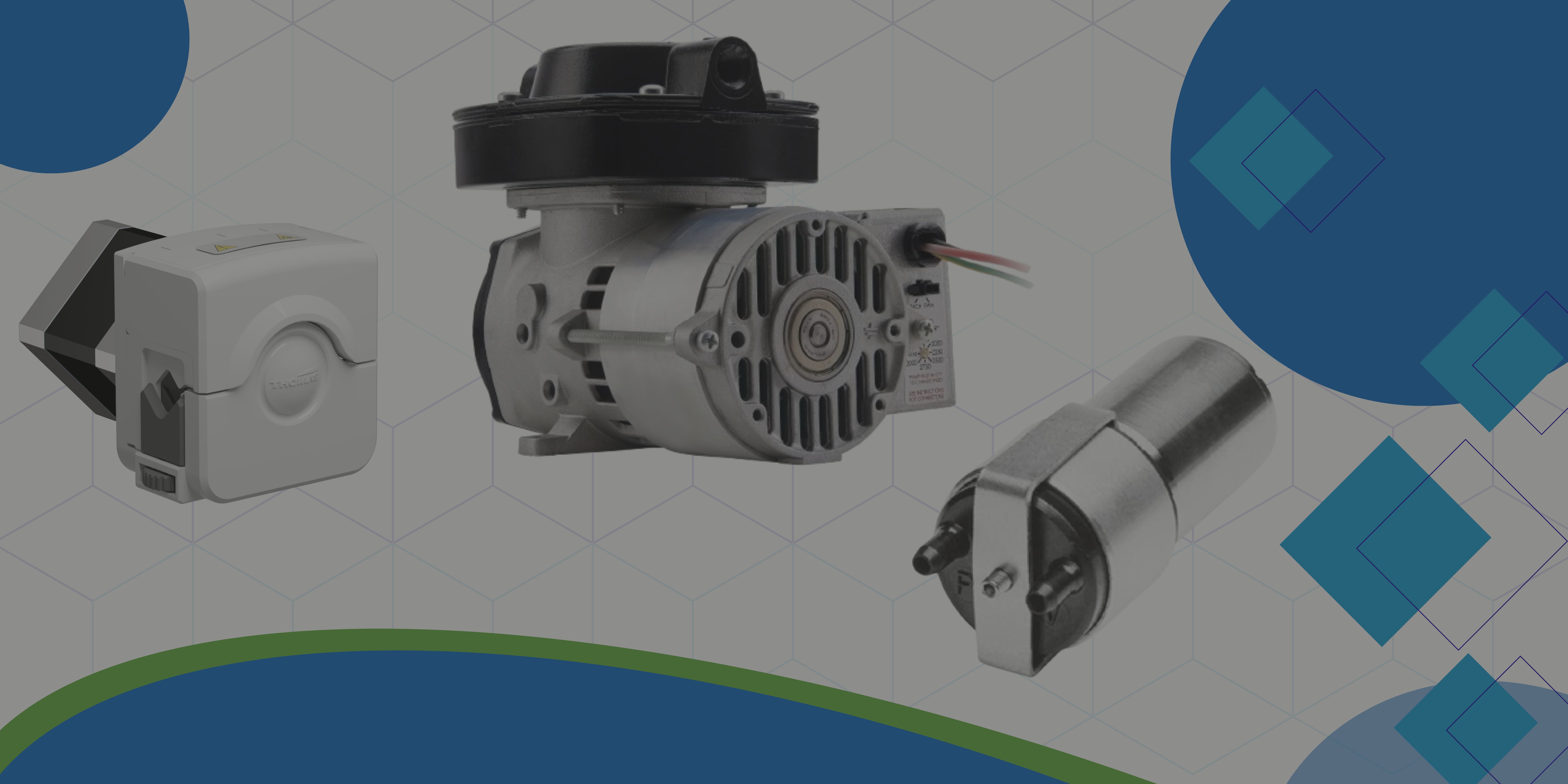 A white plastic peristaltic pump, WOB-L piston pump, and rotary vane pump on top of a faded bleu cube background with blue arches in the corners with dark grey overlay