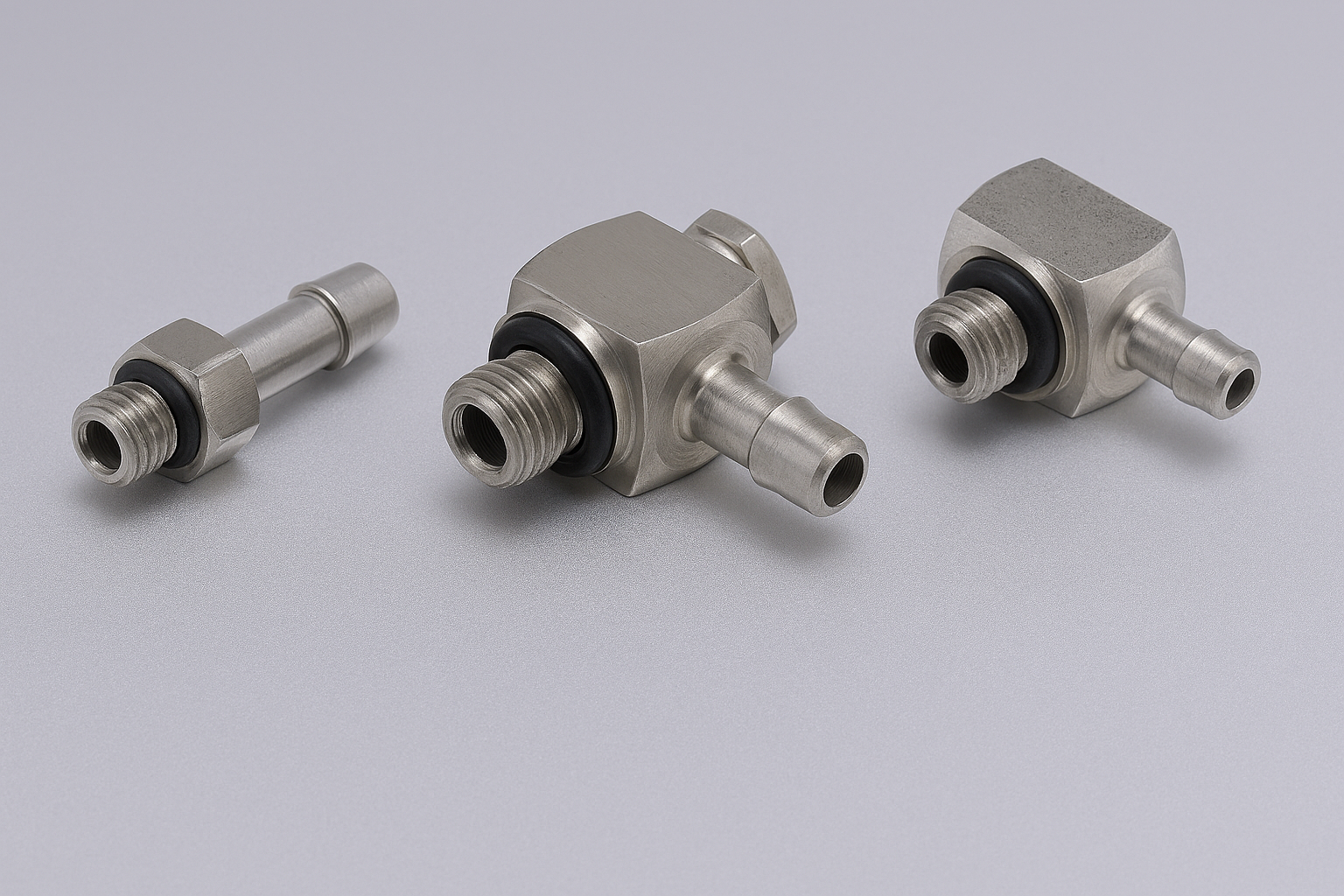 Close-up of a stainless steel barbed fitting with threaded end, used for secure tubing connections in fluidic assemblies.