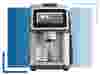 A modern plastic laboratory instrument with a touchscreen display and a central chamber holding a graduated cylinder, set against a blue gradient background with decorative corner lines.