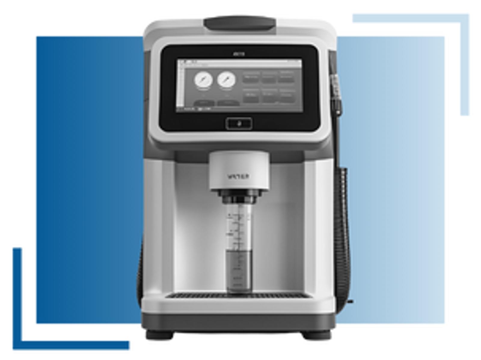 A modern plastic laboratory instrument with a touchscreen display and a central chamber holding a graduated cylinder, set against a blue gradient background with decorative corner lines.