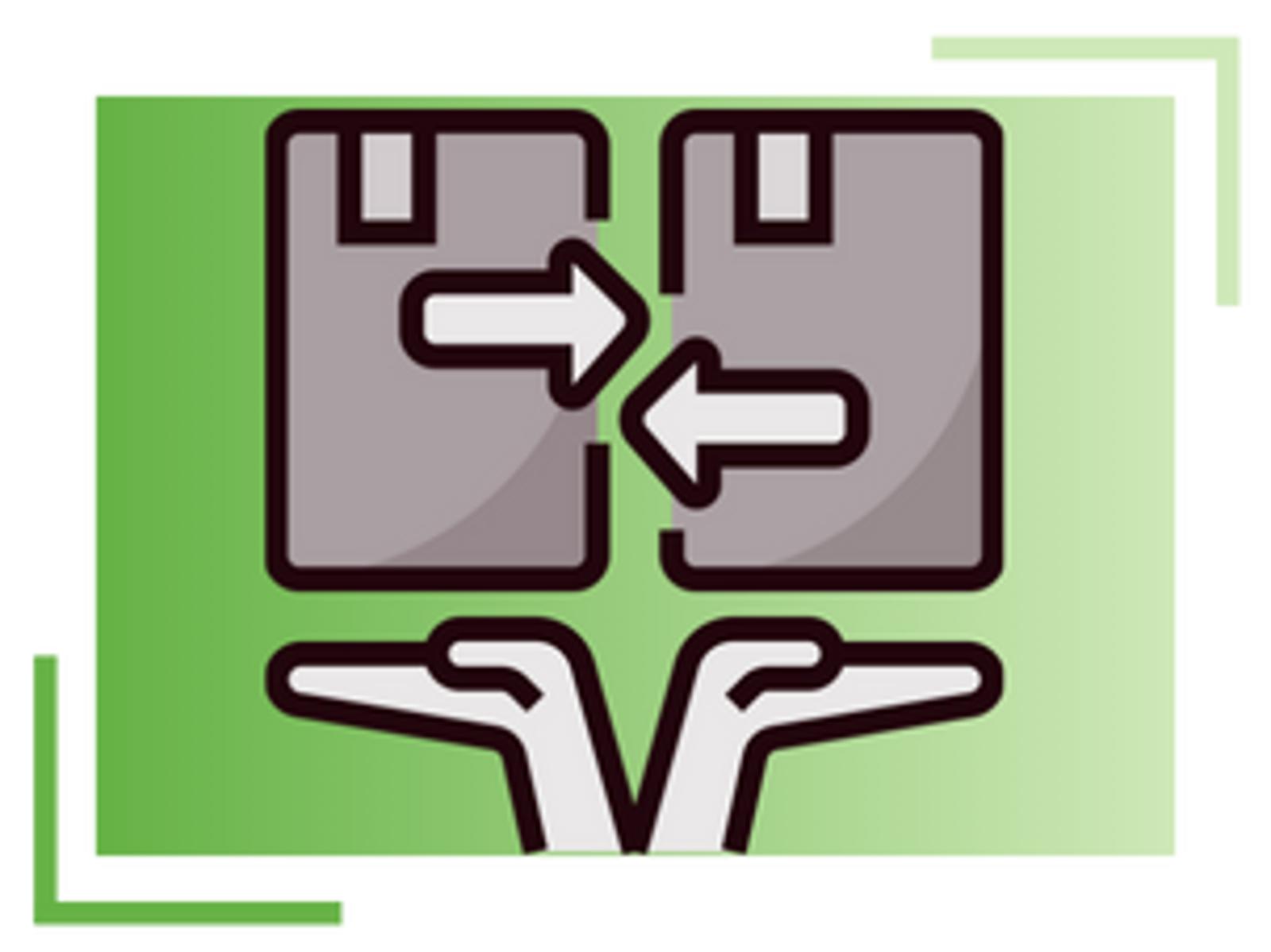 Illustration of two hands holding up two boxes with arrows pointing between them, symbolizing exchange or transfer, on a green gradient background with corner accents.