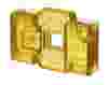 A translucent yellow polysulfone plastic component with rectangular and cylindrical shapes, featuring a central square opening and several internal structures, viewed on a white background.