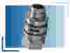 A close-up of a plastic industrial machine part with a cylindrical shape, grooves, and a hexagonal base, positioned in front of a blue gradient background with decorative corner lines.