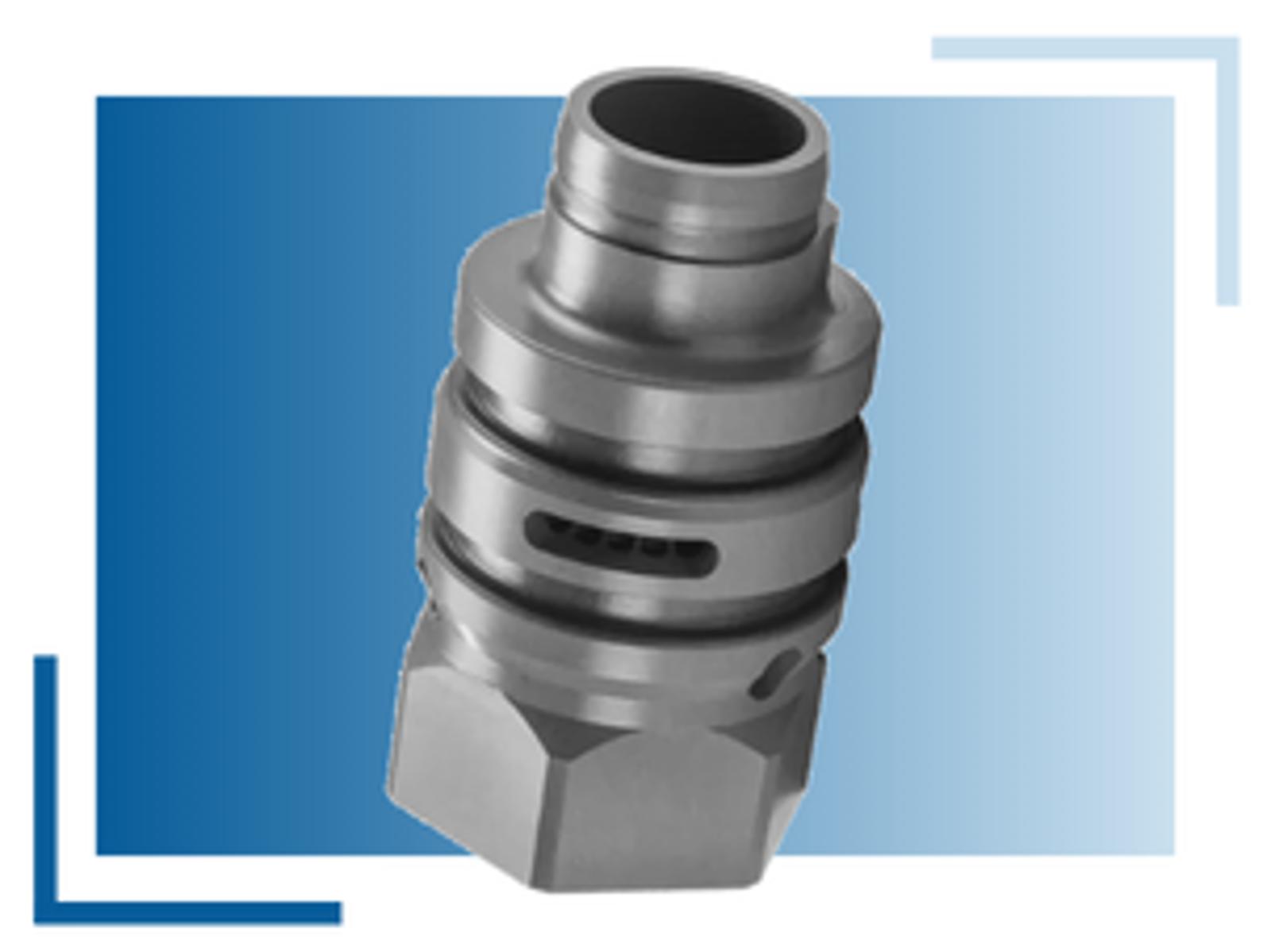 A close-up of a plastic industrial machine part with a cylindrical shape, grooves, and a hexagonal base, positioned in front of a blue gradient background with decorative corner lines.