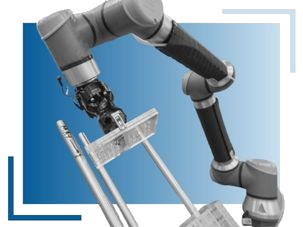 Black and white cnc machine robot on a blue gradient background