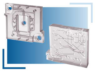 A close-up view of two different plastic components showcasing their unique designs.
