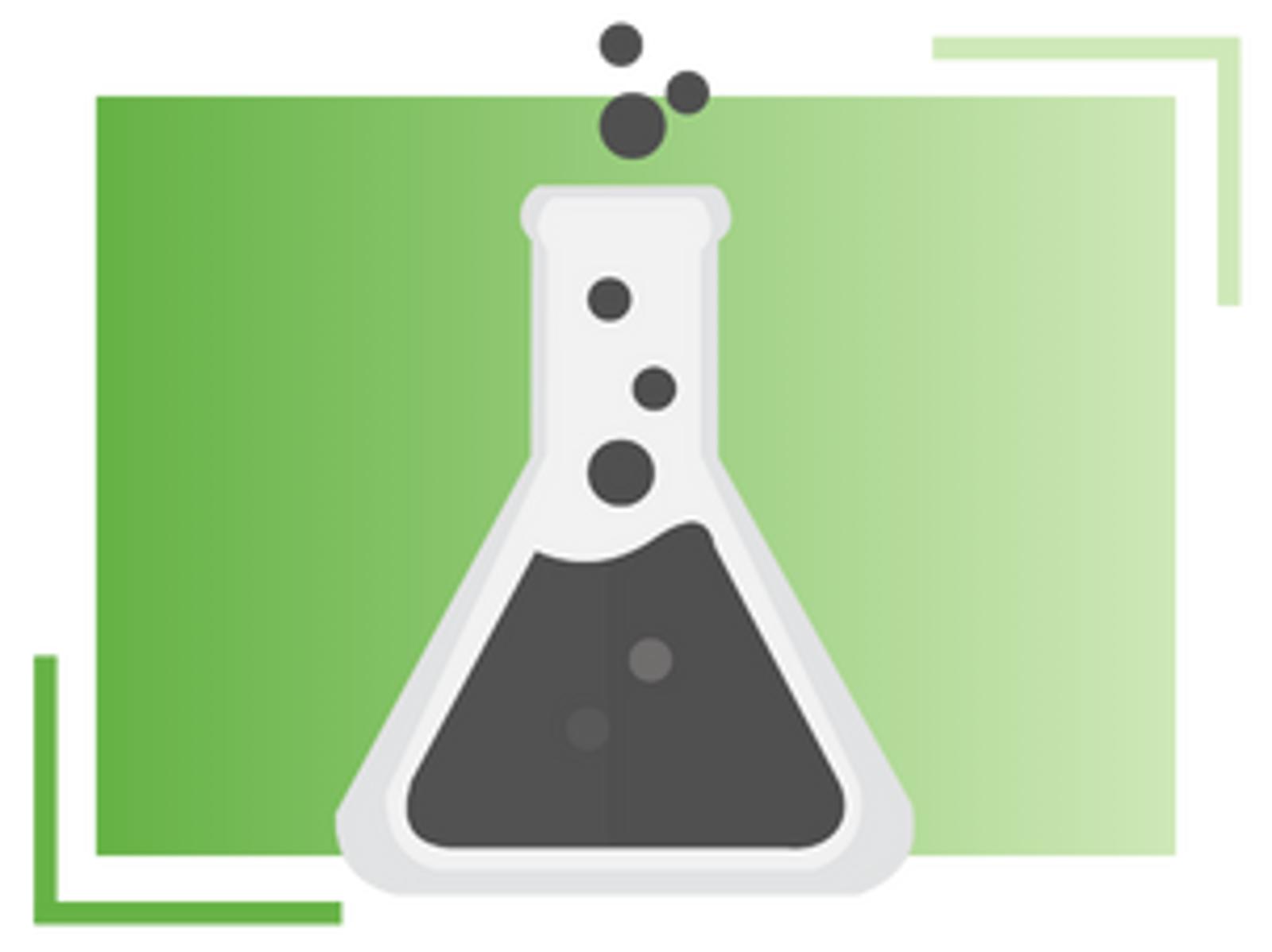 Illustration of a laboratory flask filled with a dark liquid, emitting bubbles, set against a green gradient rectangular background with decorative corner lines.
