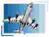 Wireframe illustration of a large passenger airplane viewed from below, set against a blue gradient background with partial blue brackets in two corners.