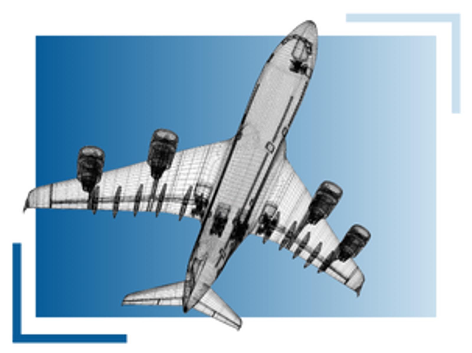 Wireframe illustration of a large passenger airplane viewed from below, set against a blue gradient background with partial blue brackets in two corners.