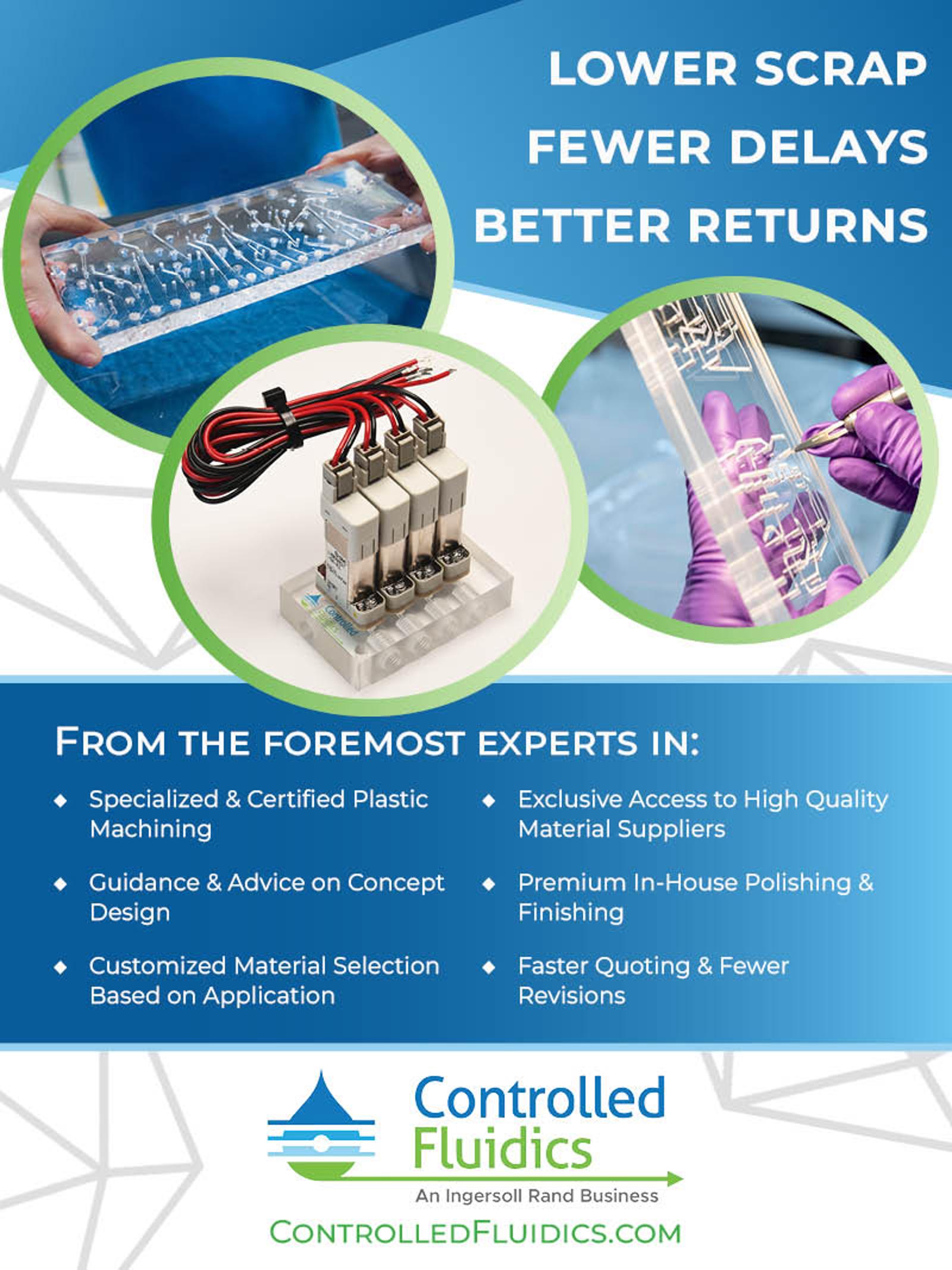 Informative flyer on controlled fluids, showcasing features and advantages of fluid control technologies.