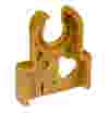 A tan ULTEM plastic bracket with a large circular cutout at the top, several smaller circular and rectangular holes, and structural arms on either side.