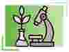 Illustration of a plant growing in a laboratory flask next to a microscope, set against a green gradient background with decorative corner accents.