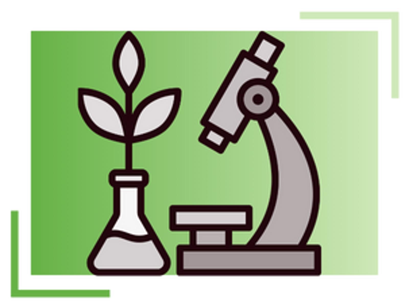 Illustration of a plant growing in a laboratory flask next to a microscope, set against a green gradient background with decorative corner accents.