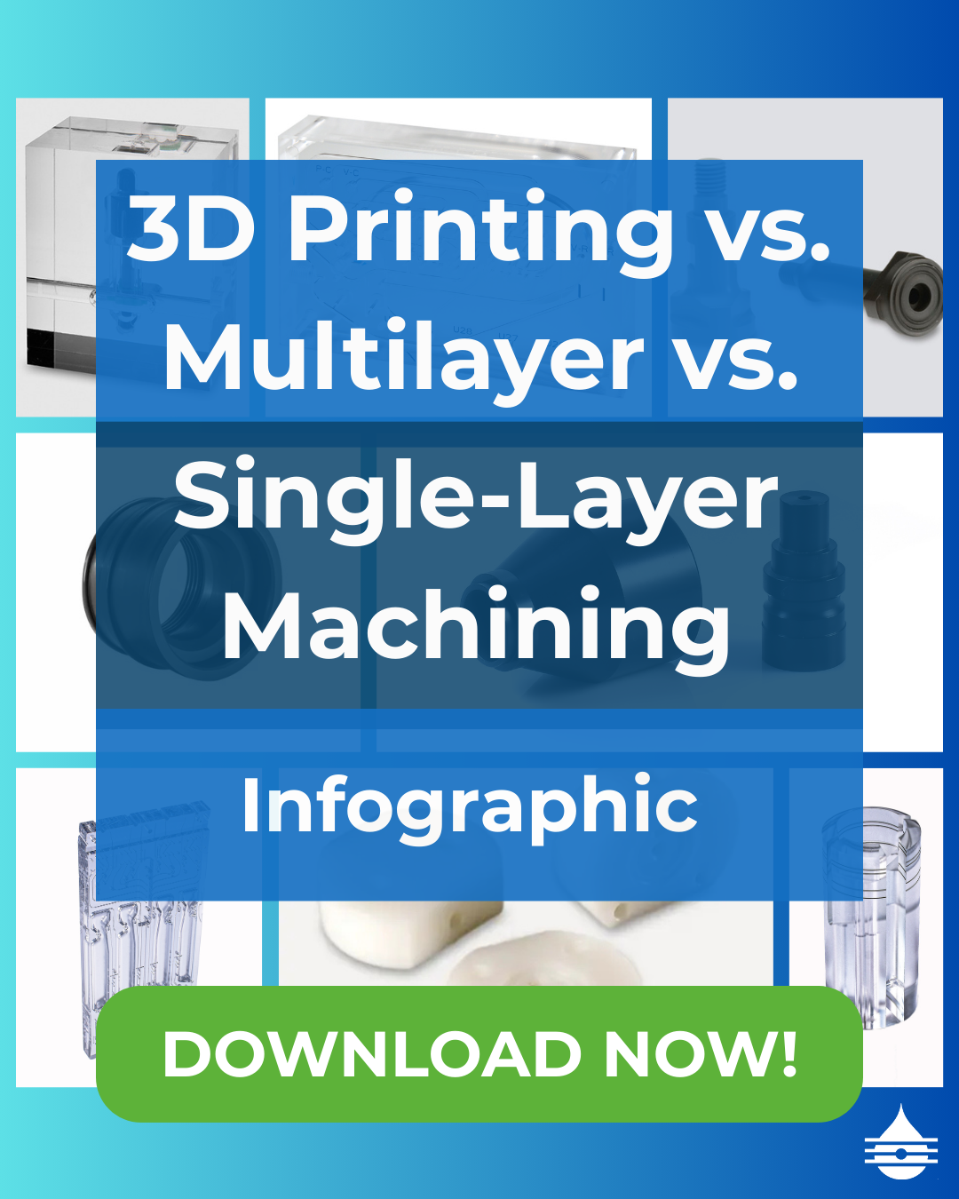 Infographic on 3D printing, multilayer, and single-layer machining, with technical images in the background and "Download Now!" button at the bottom.