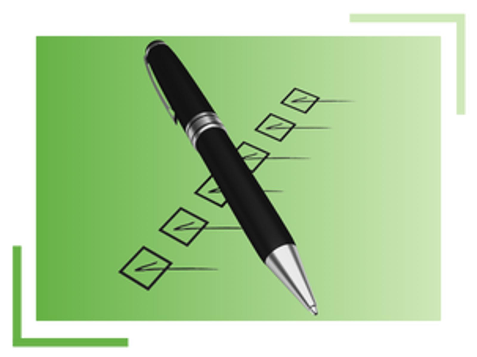 A black pen rests on a green gradient background, appearing to draw checkmarks in a row of empty checkboxes.